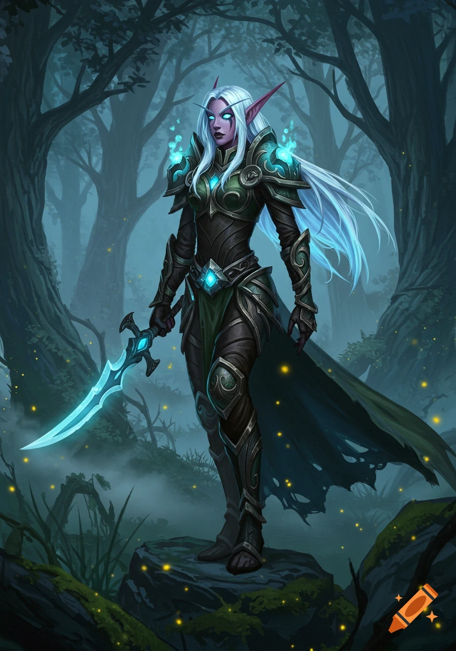 A female night elf in glowing green and black armor stands in a misty, dark fantasy forest, holding a glowing blue sword.