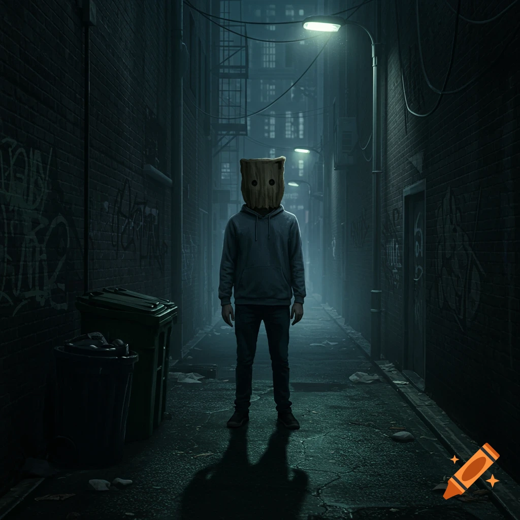 A photorealistic image of a mysterious figure with a bag over its head and holes for eyes, standing in a dark, wet urban alley at night.