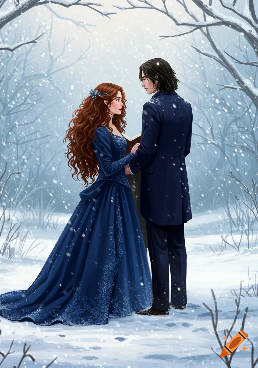 An illustrated fantasy scene of a couple in formal blue attire exchanging vows in a snowy winter forest, surrounded by bare trees.