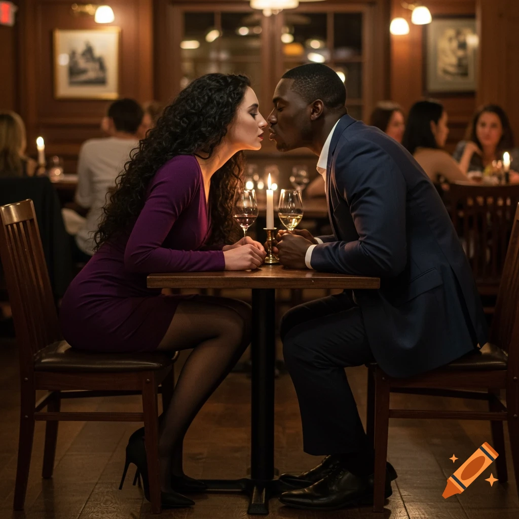 A photorealistic image of a man and woman kissing across a candlelit table in a dimly lit restaurant.