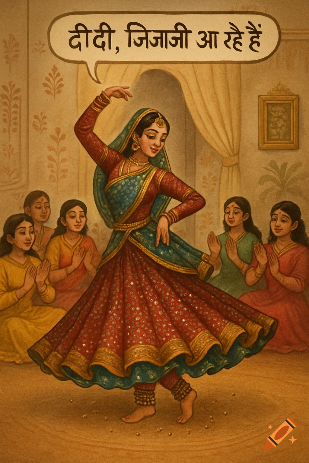 A woman in traditional Indian attire dances Kathak, wearing ghungroos. Four women in the background watch. A speech bubble above reads 'Didi, Jija ji are coming'.