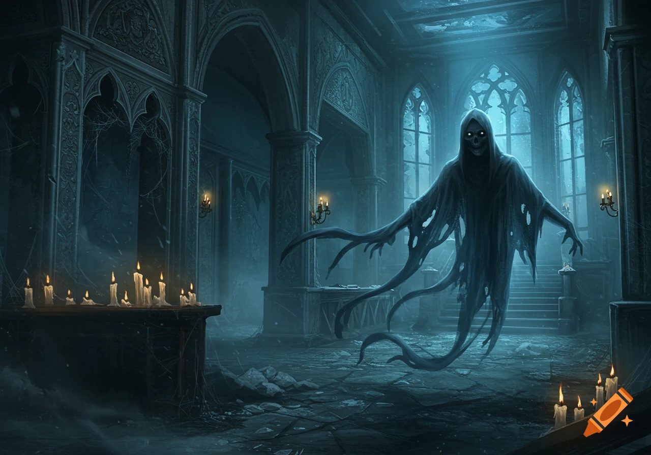 A spectral figure with glowing eyes floats in a dark, decaying gothic mansion, lit by moonlight and candles, in a horror fantasy style.