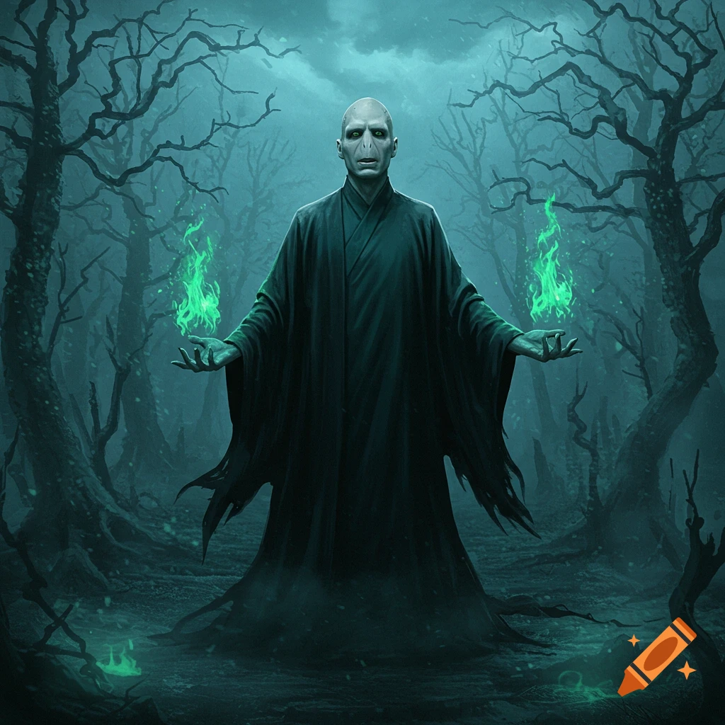 Lord Voldemort stands in a dark, misty forest, conjuring green flames from his outstretched hands.