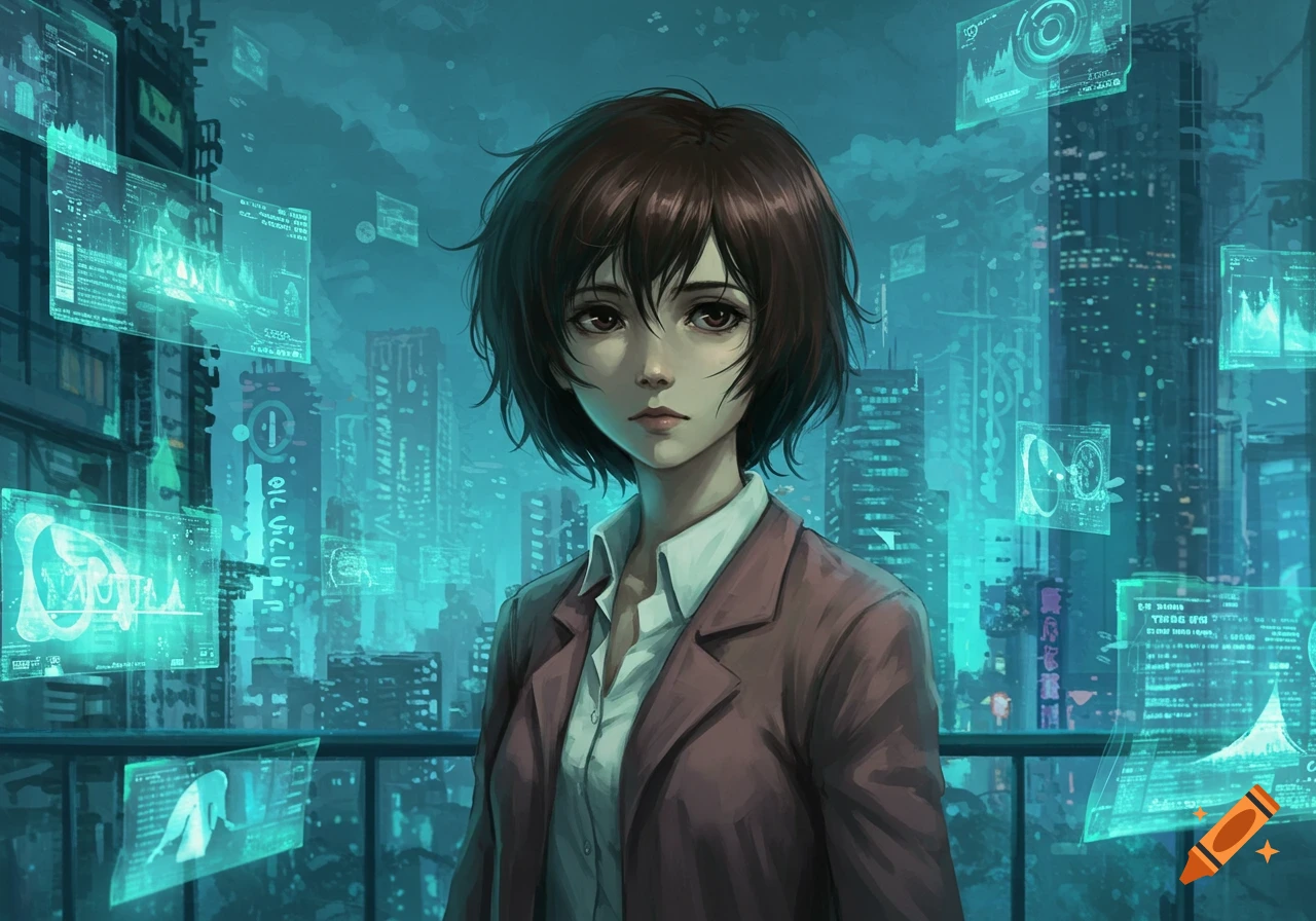 Anime-style portrait of a short-haired woman in a jacket against a futuristic cyberpunk city with holographic displays.