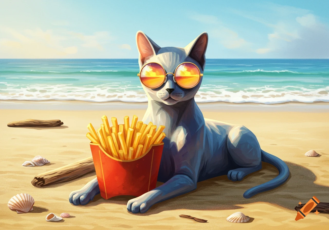 A stylized grey cat wearing reflective sunglasses lies on a sandy beach next to a box of French fries, with the ocean in the background.