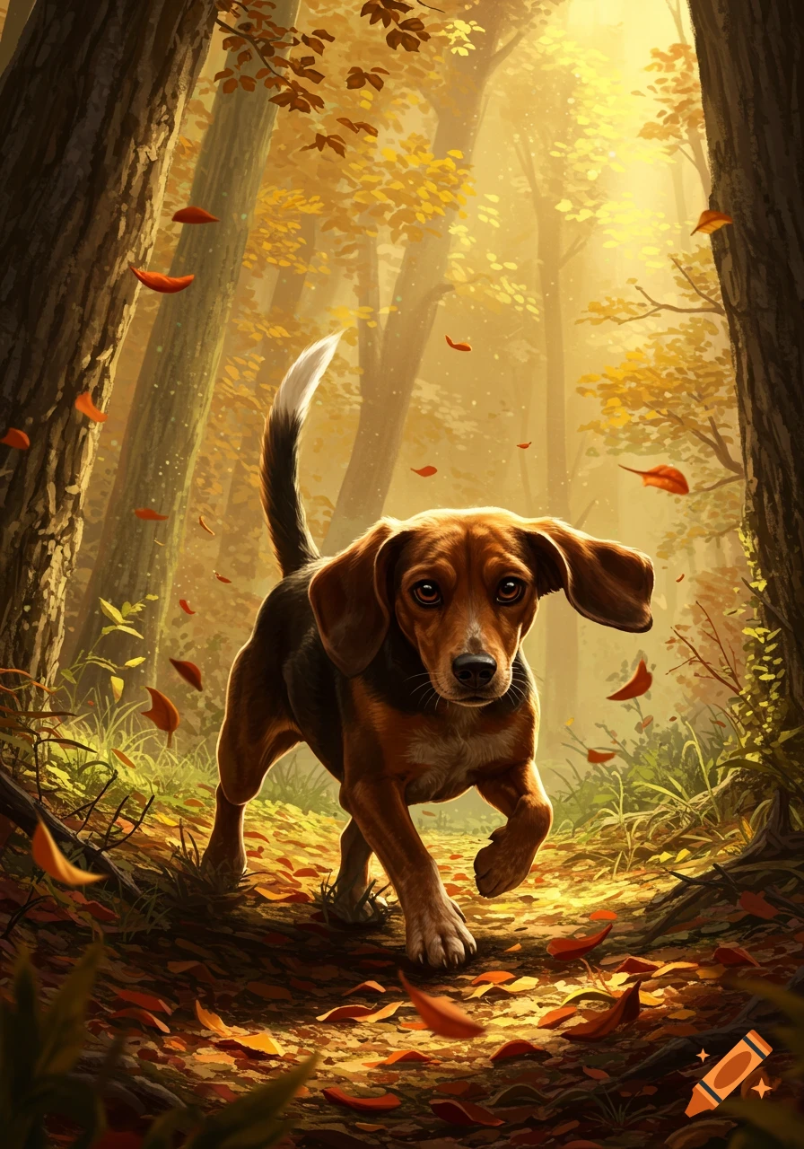 A digital painting of a brown beagle mix trotting through a sunlit autumn forest with falling leaves.