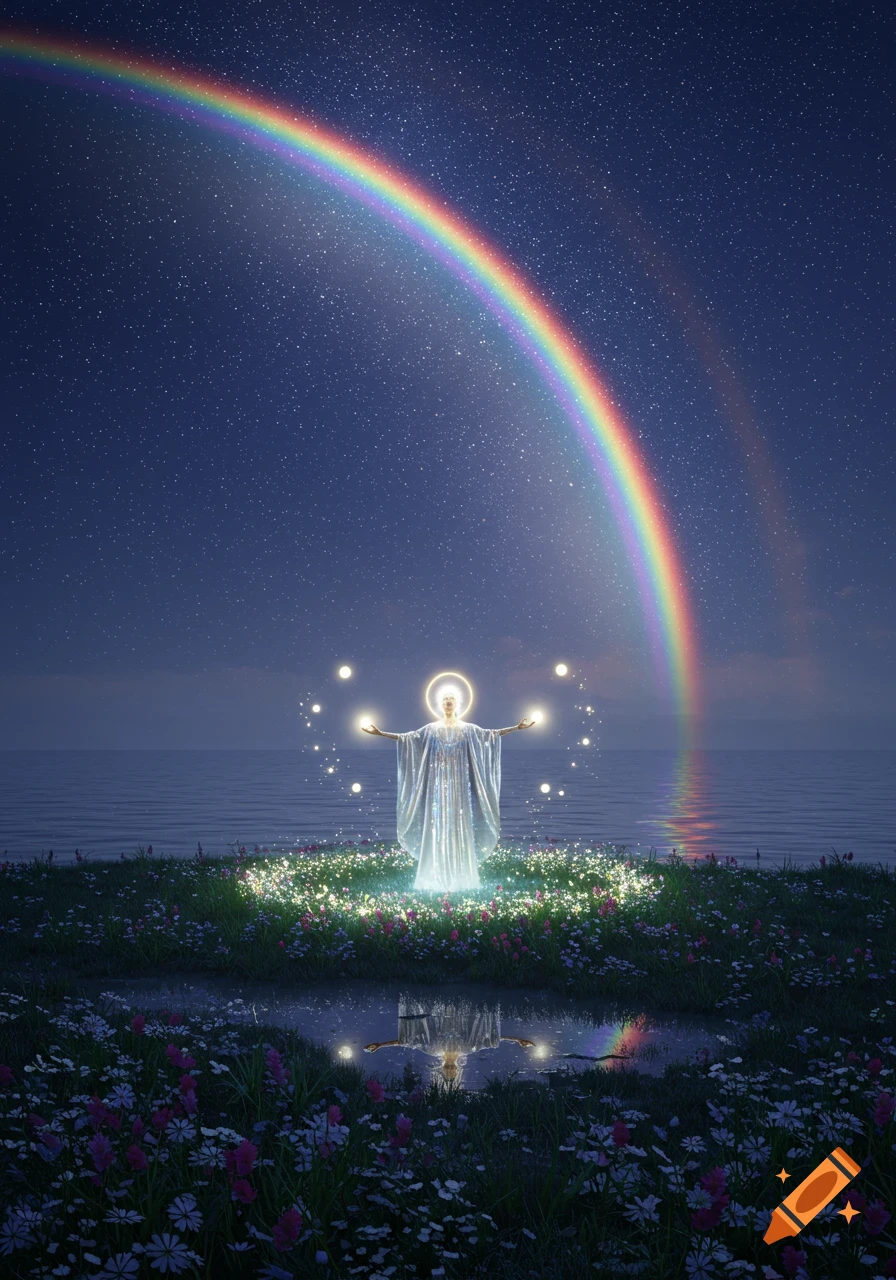 A glowing figure in a white robe with a halo stands in a field of luminous flowers by the sea under a starry night sky with a rainbow.