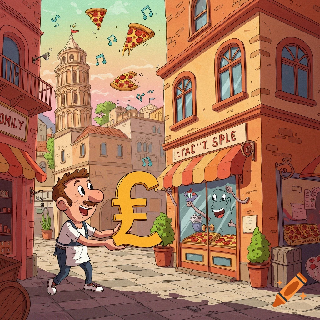 A cartoon man in an apron carries a large golden pound sign down an Italian street. Pizzas and music notes float in the sky. Shops with awnings line the street, one with a cartoon face in the window.