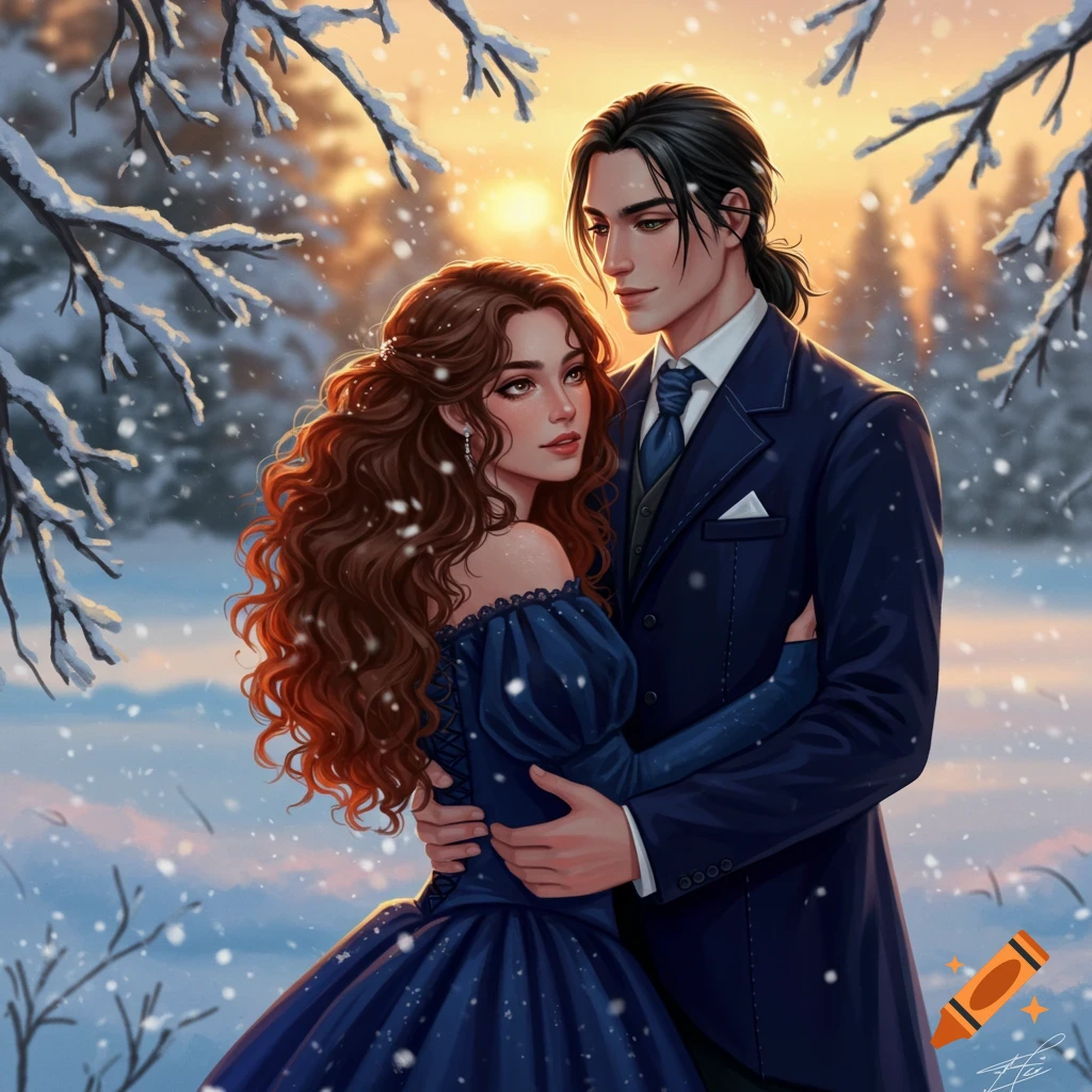 A beautiful digital painting of a brunette woman in a blue gown and a man in a navy suit embracing in a snowy landscape at sunset.