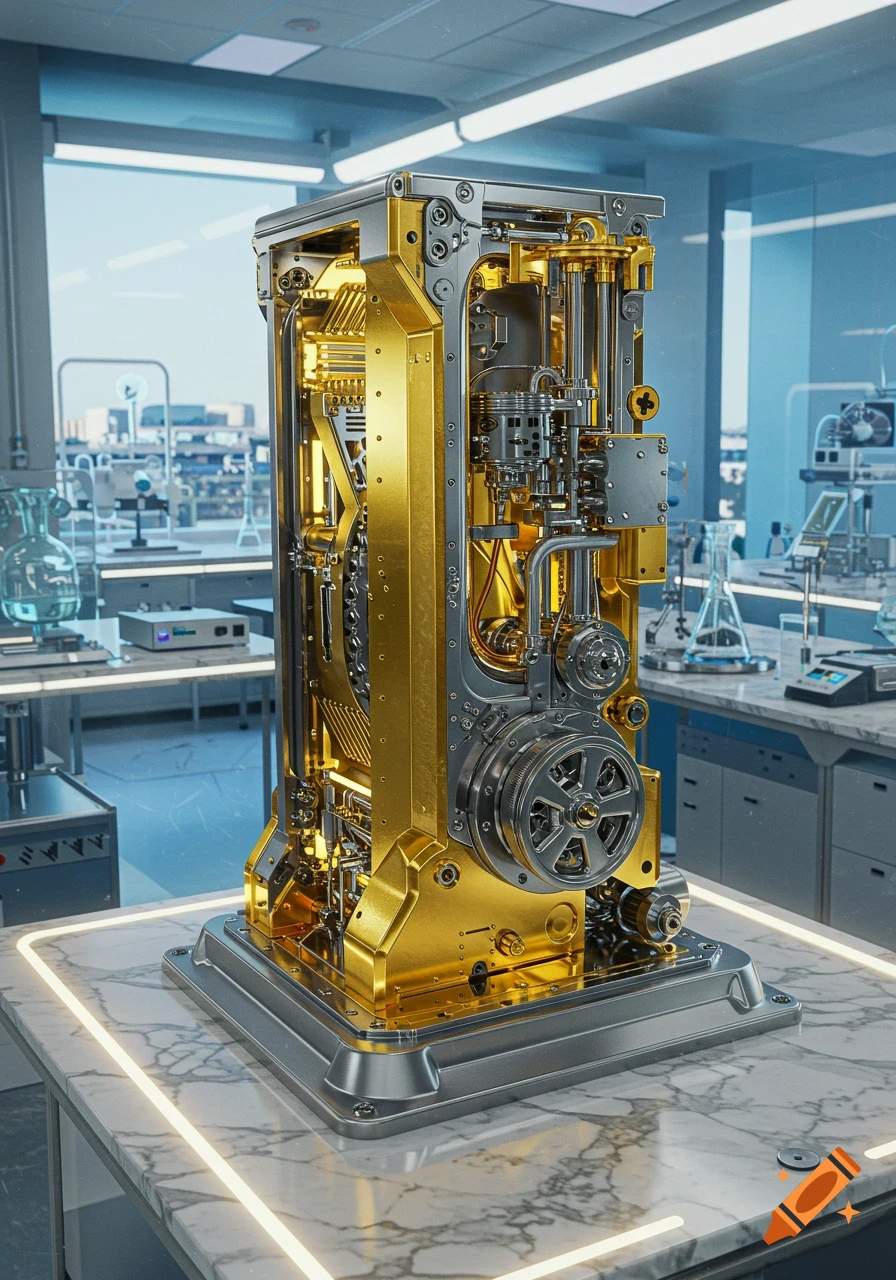 A highly detailed, intricate gold and silver machine sits on a glowing marble lab bench in a modern laboratory.