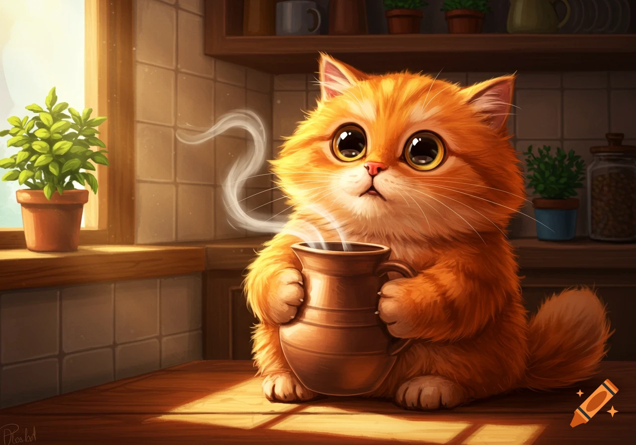 A cute, fluffy orange cat with big eyes holds a steaming mug on a wooden counter in a sunlit kitchen, cartoon style.