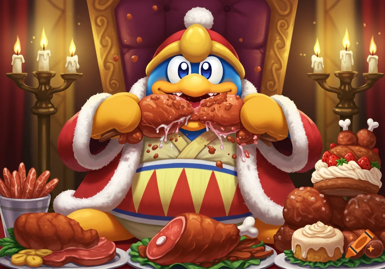 Cartoon King Dedede on a throne, drooling and devouring a feast of meat and desserts, surrounded by lit candles.