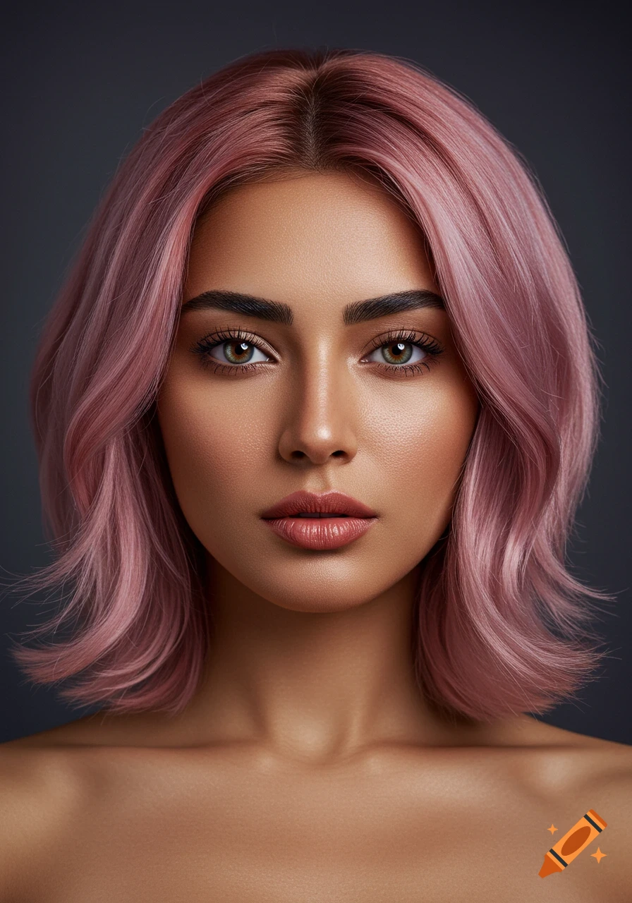 A photorealistic portrait of a woman with pink bob-length hair, greenish-hazel eyes, and bare shoulders looking directly forward.