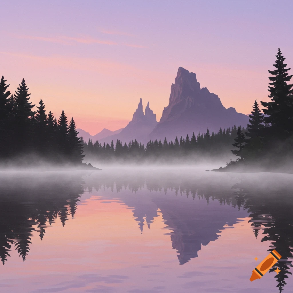 Serene digital painting of a misty lake reflecting a colorful sunset sky, silhouetted pine trees, and jagged mountains.