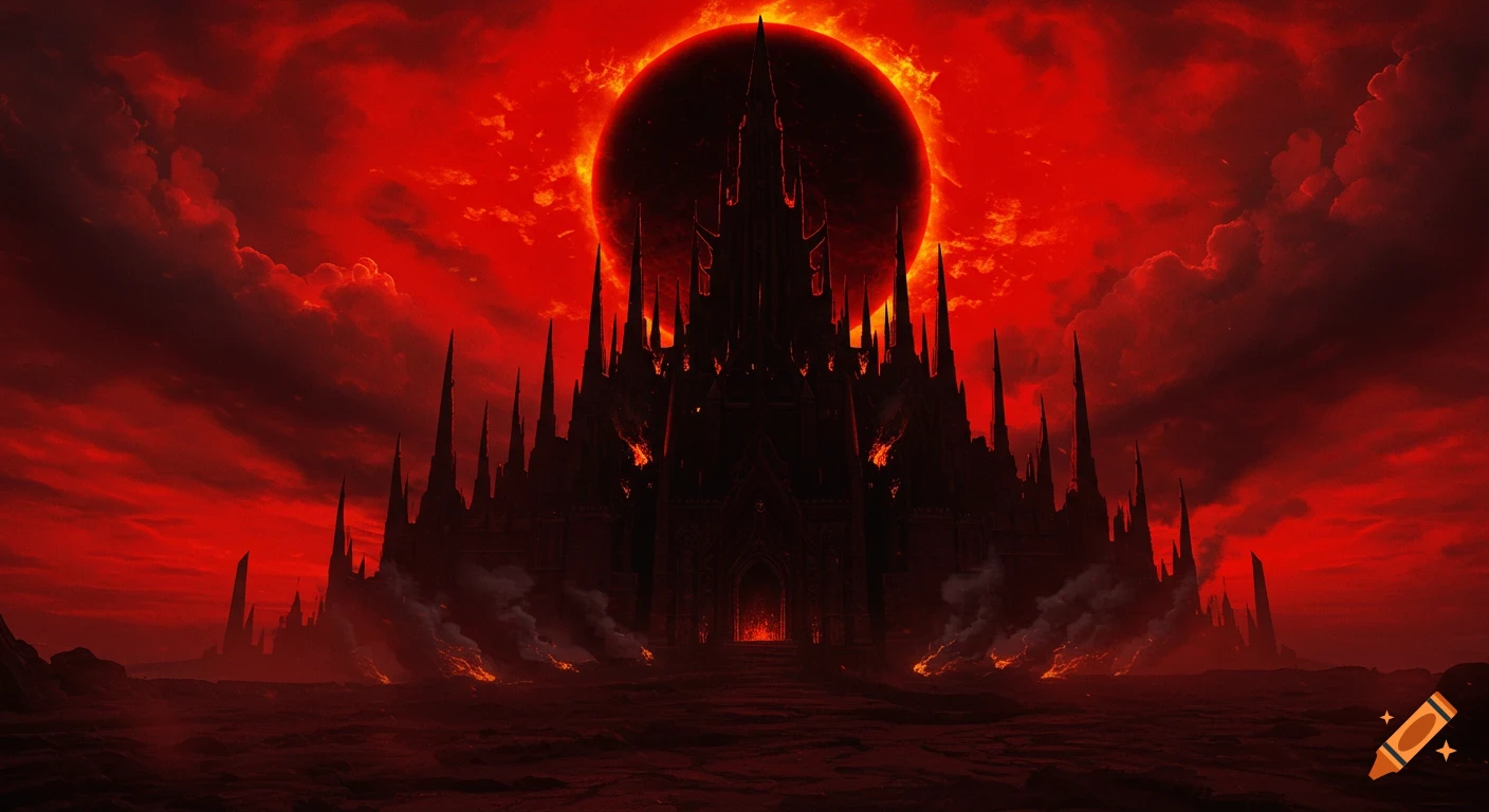 A dark, spiky fortress stands under a dramatic crimson sky with a large, burning black sun.