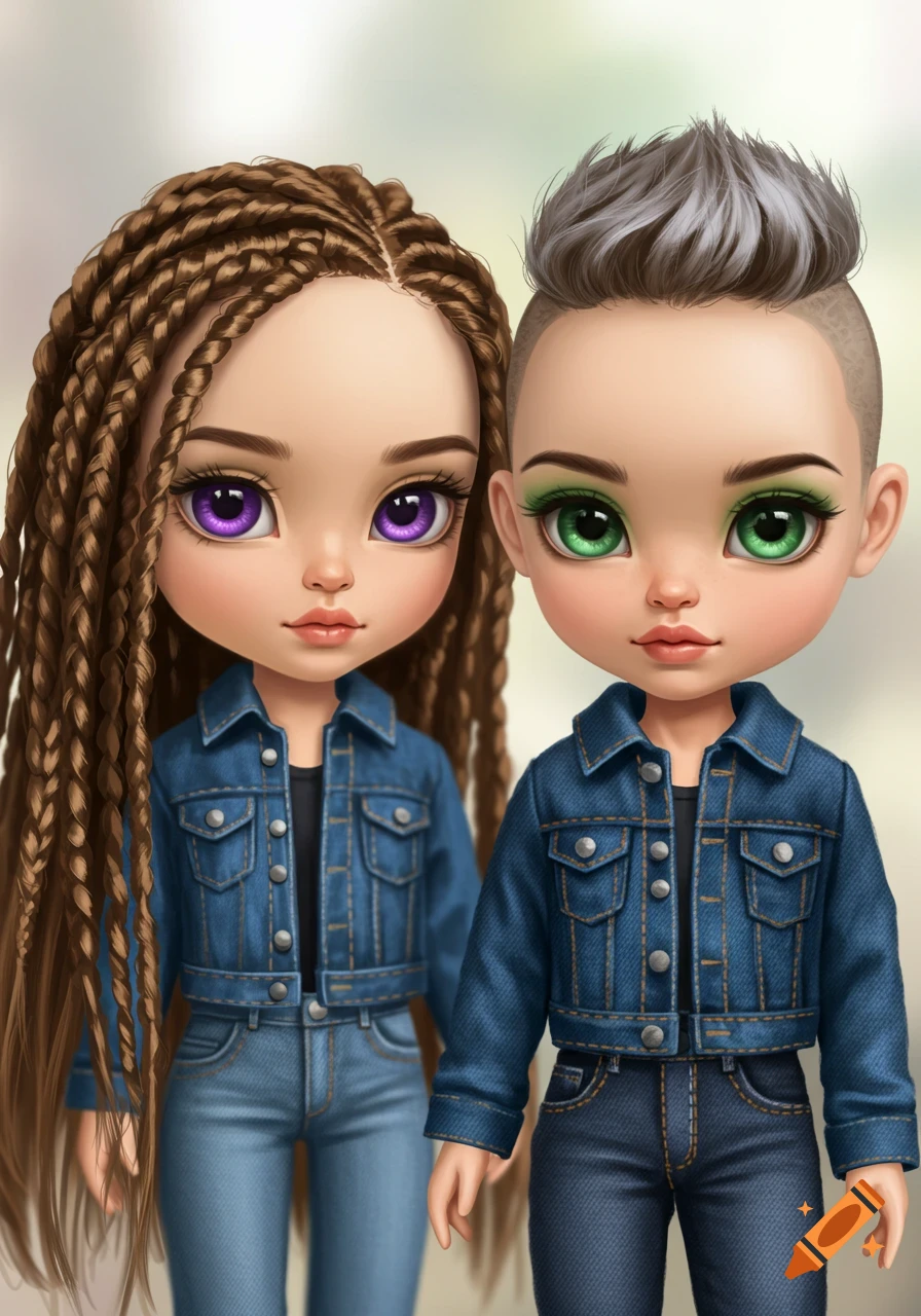 Illustration of two doll-like characters, one with braided hair and purple eyes, the other with a buzz cut and green eyes, both wearing denim.