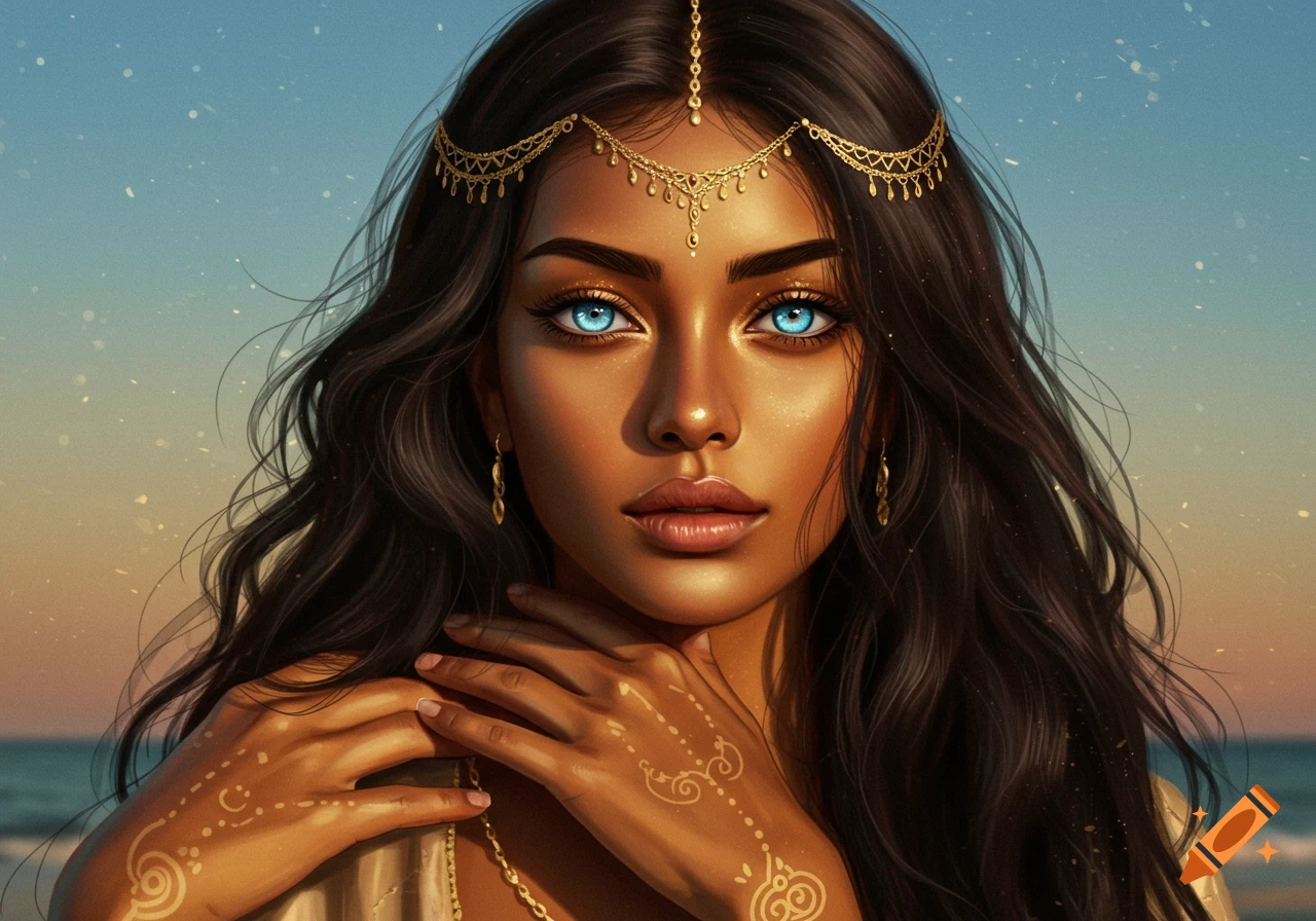 A close-up portrait of a woman with dark hair, glowing blue eyes, golden-brown skin, intricate golden jewelry, and hand patterns, against an ocean background.