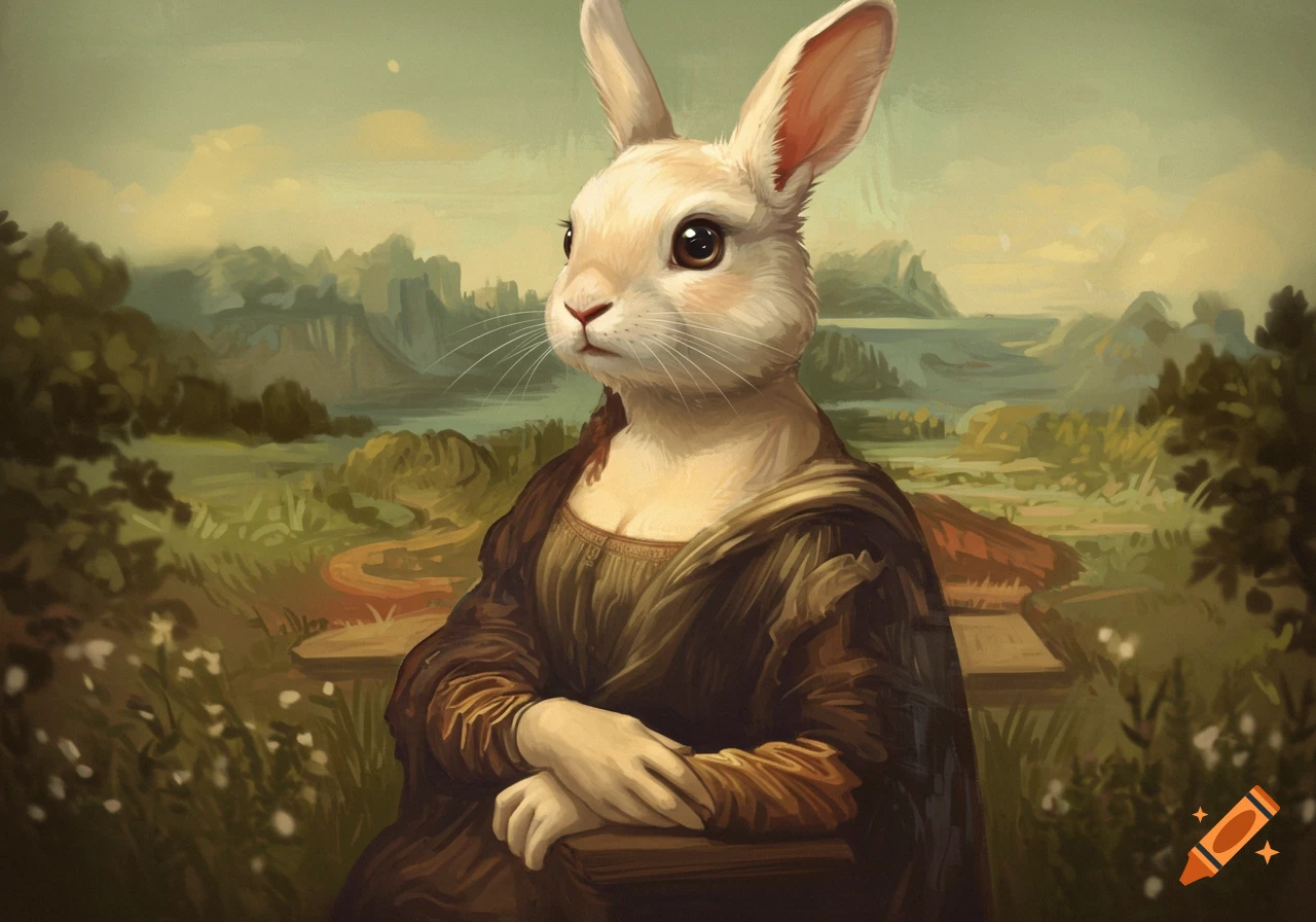 A white rabbit with brown eyes and pink nose poses in a brown dress, mimicking the Mona Lisa, against a green and blue landscape.