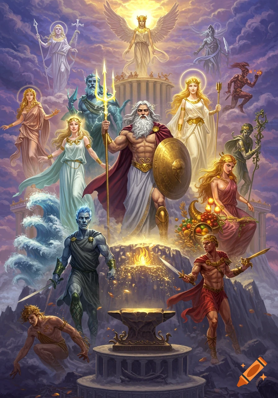 A vibrant digital painting of the Greek Pantheon. Zeus, central, holds a trident and shield, surrounded by gods and goddesses on clouds and mountains.