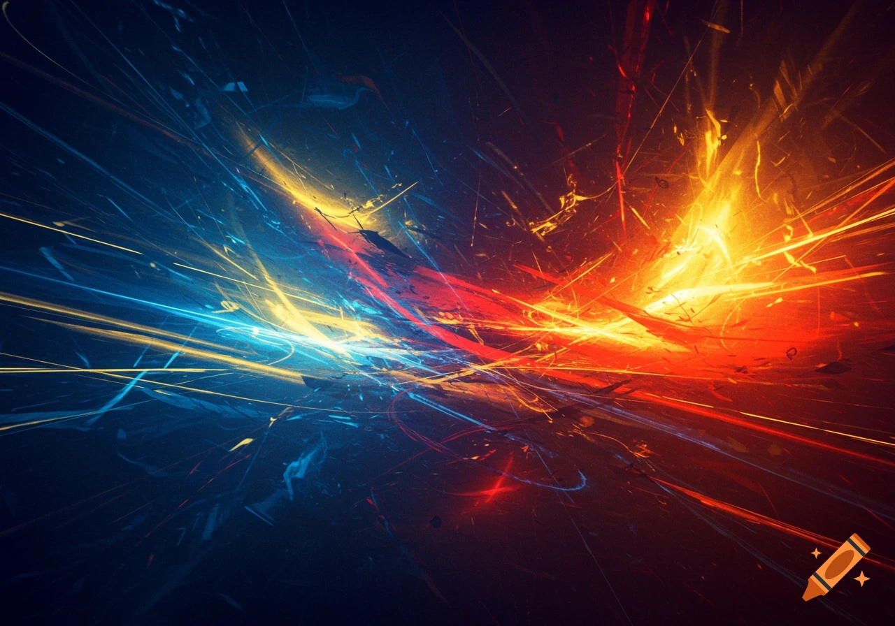 Abstract image of bright red, blue, and yellow light trails exploding outwards on a dark background, resembling a collision.
