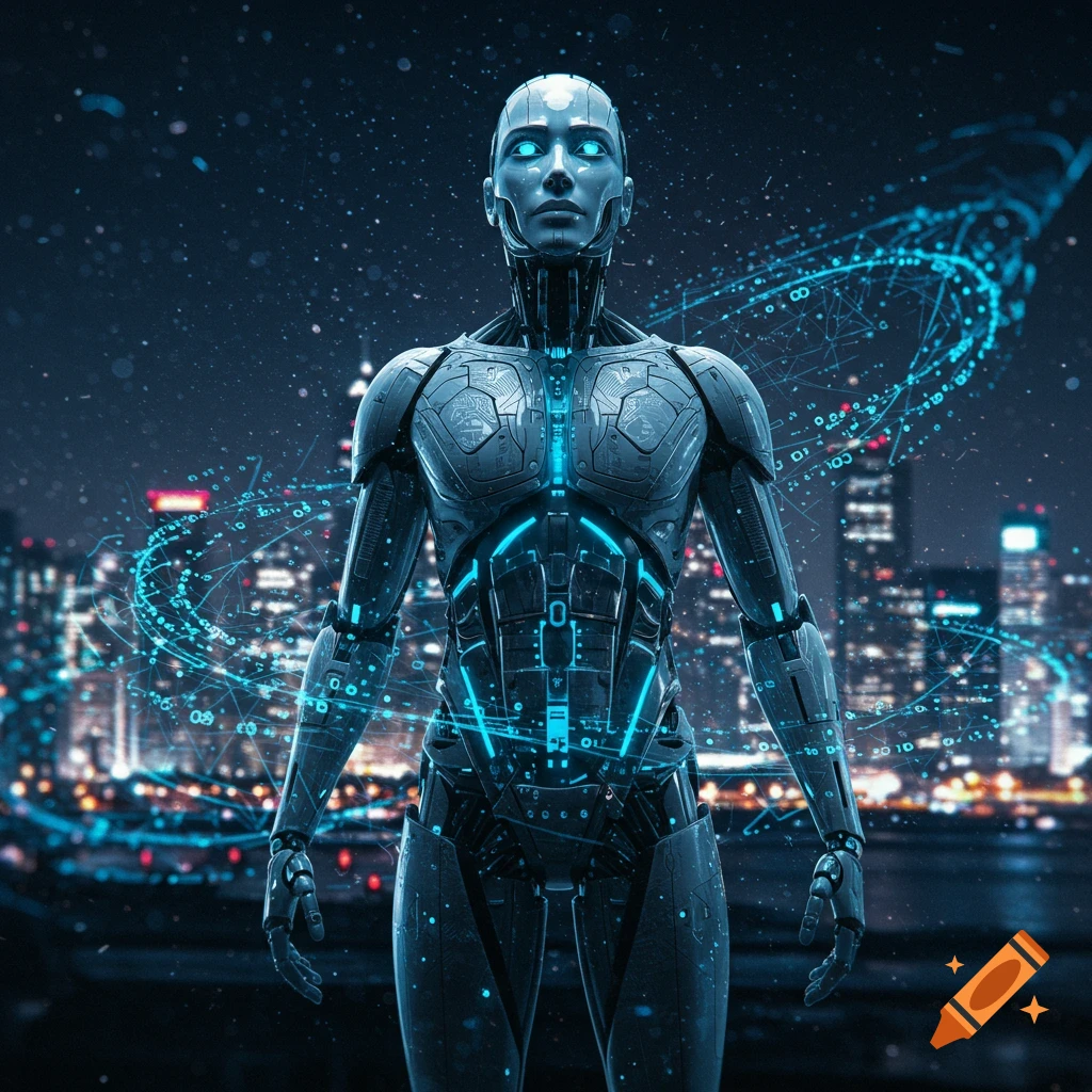 Sleek humanoid robot glowing blue against a blurred futuristic city skyline with swirling data streams at night.
