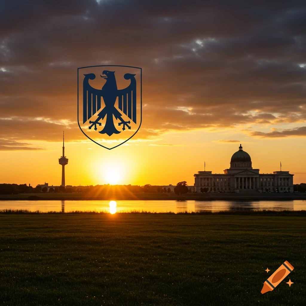 German federal eagle shield over a cityscape with a domed building and a TV tower at sunset, reflected in a river.