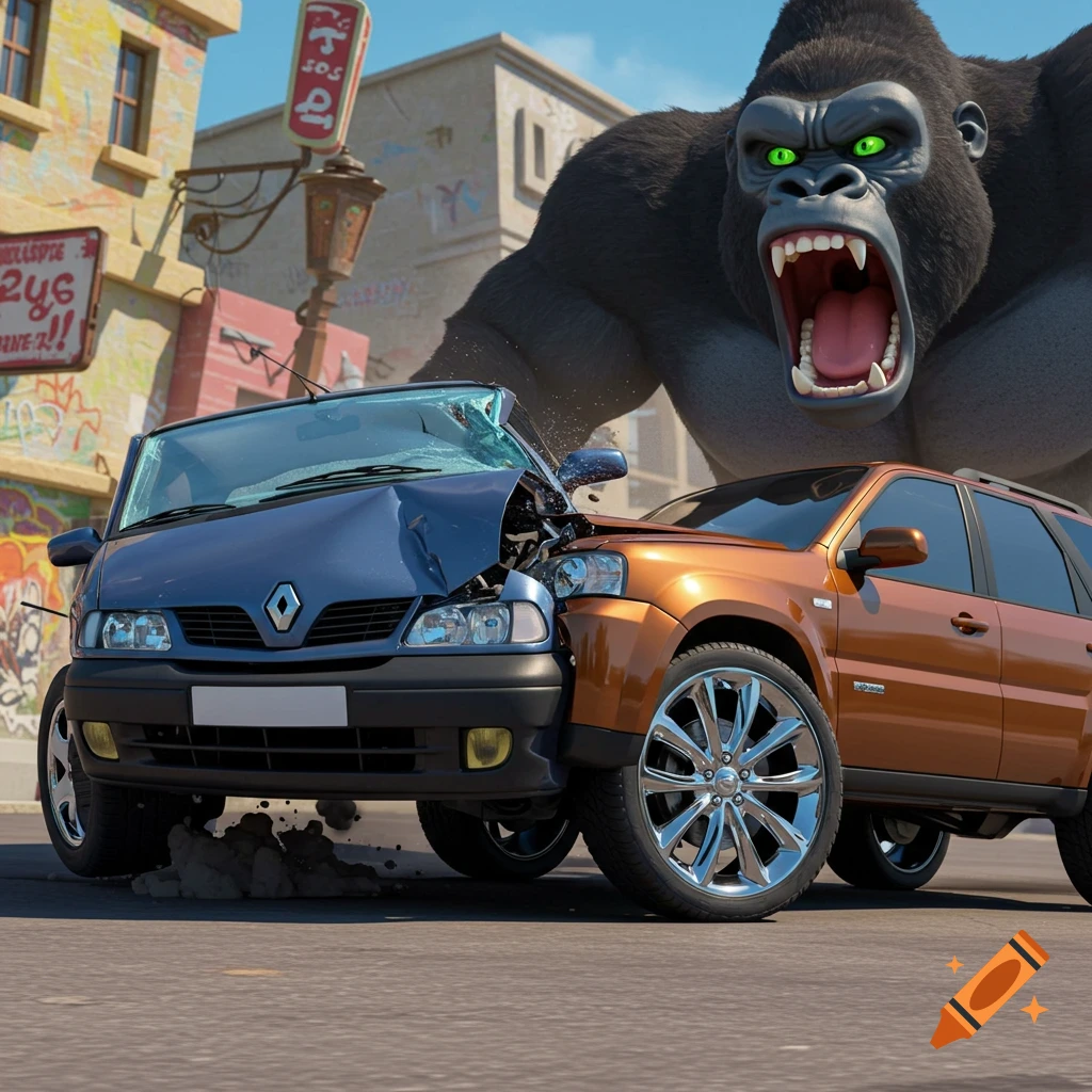 A giant screaming gorilla looms over two cartoon cars that have crashed on a city street.