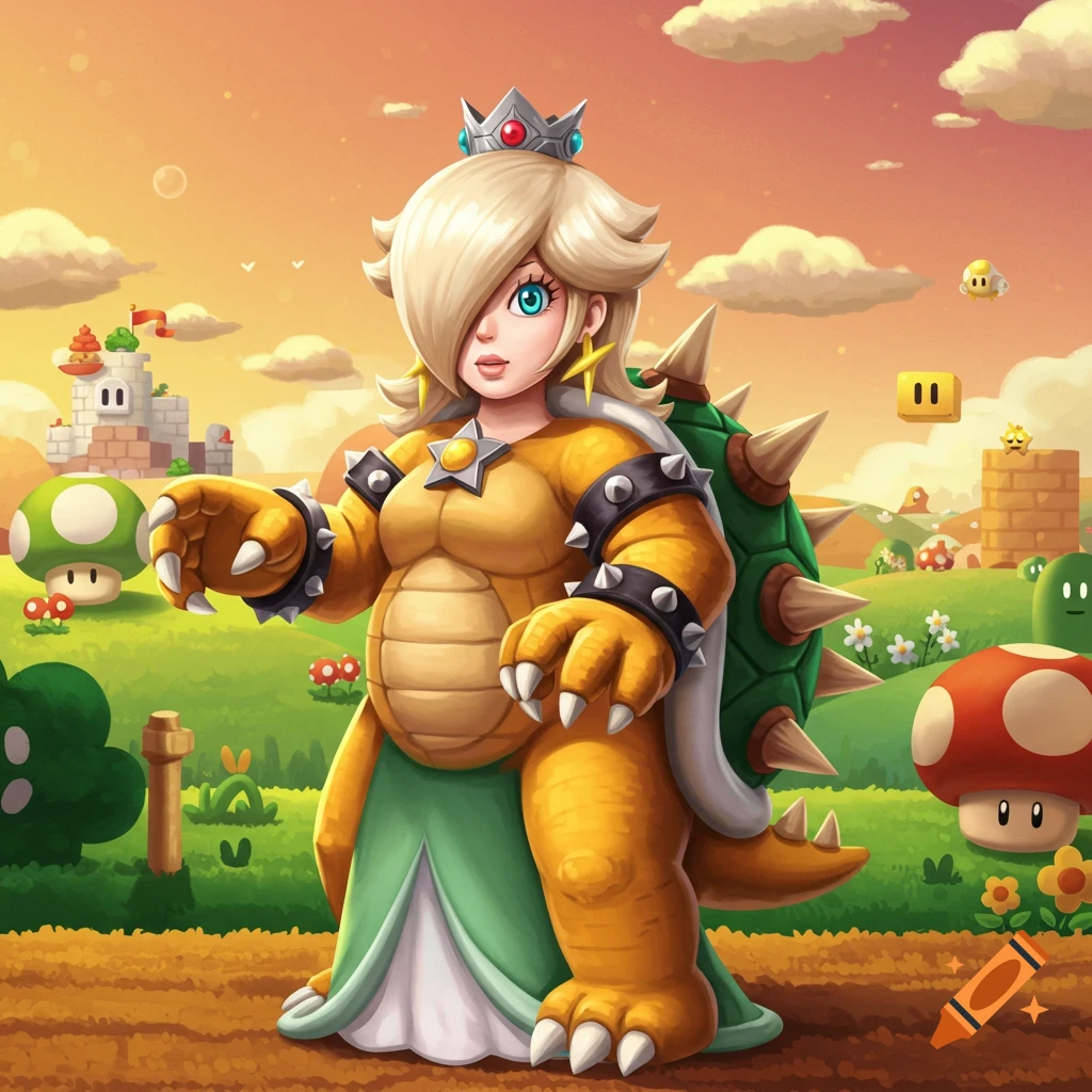 Rosalina wearing a Bowser suit stands in a vibrant, cartoonish Super Mario landscape with mushrooms and a castle.