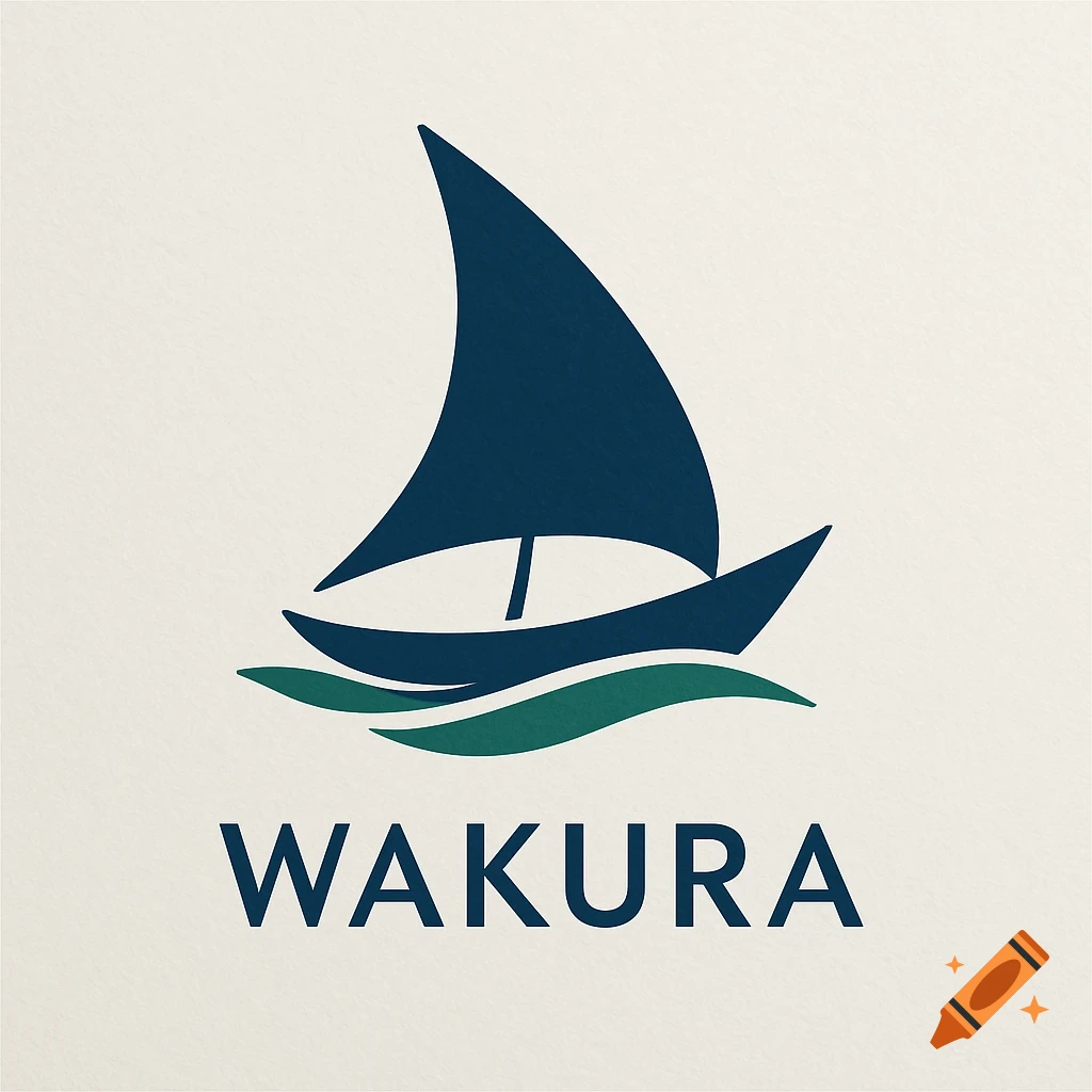 Minimalist logo of a dark blue sailboat on green waves with 'WAKURA' text below, on a light textured background.