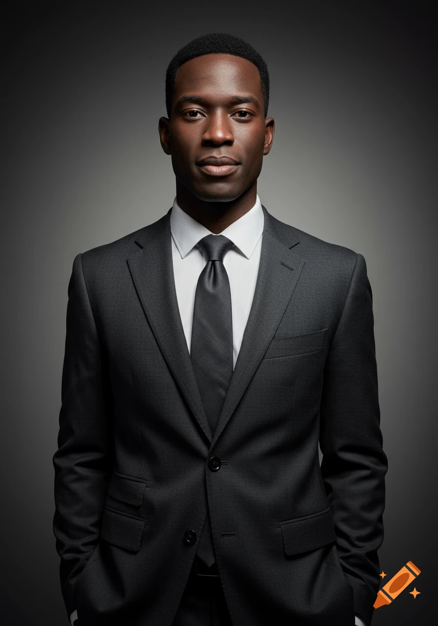 Photorealistic portrait of a confident Black man in a dark gray suit and tie against a gray background.