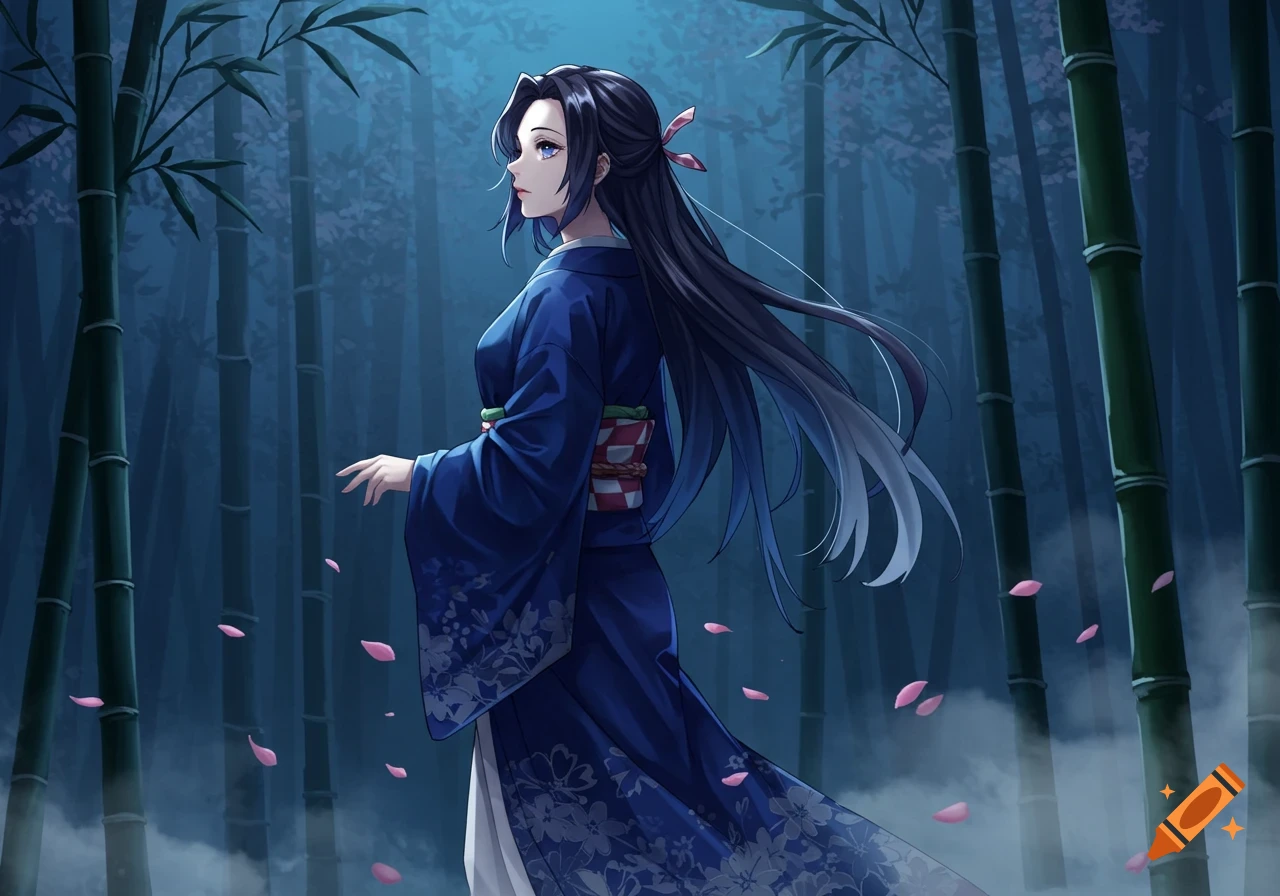 An anime girl with long dark hair in a blue kimono walks through a misty bamboo forest with pink petals falling.