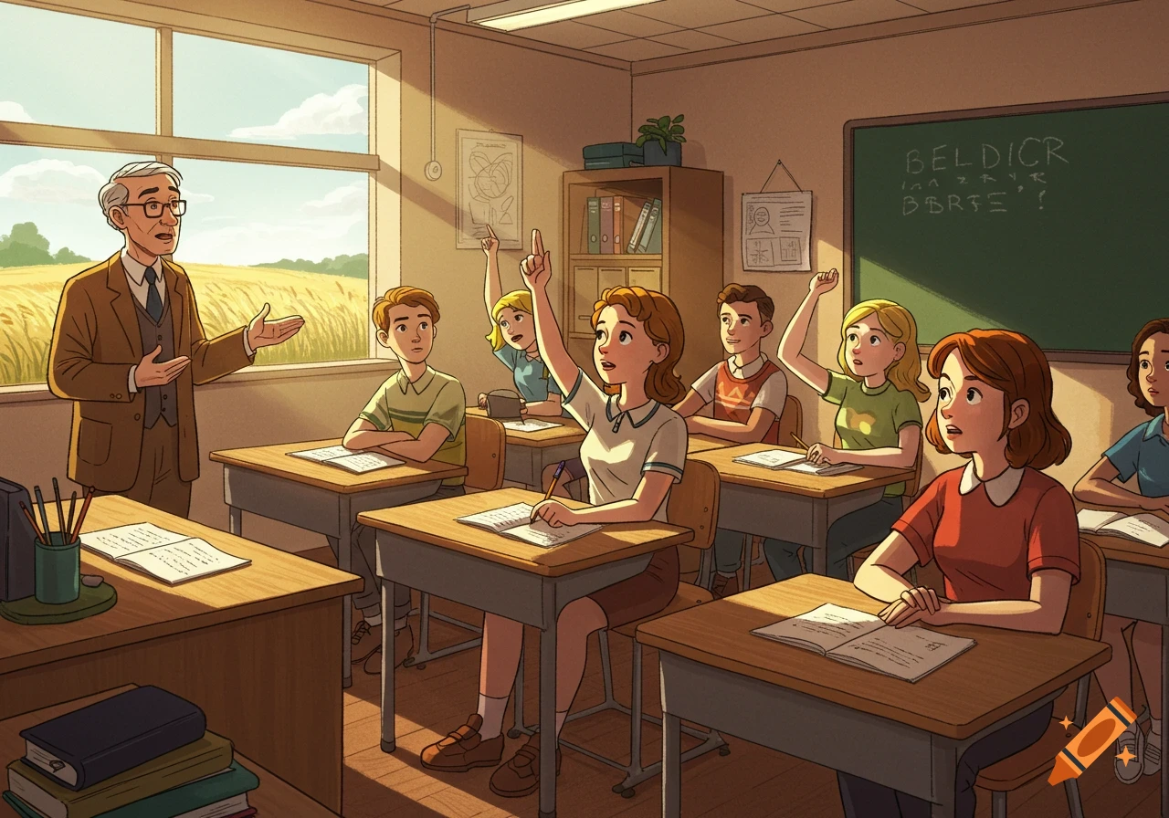 A cartoon teacher gestures to students raising hands in a 1950s-style classroom with a field outside the window.
