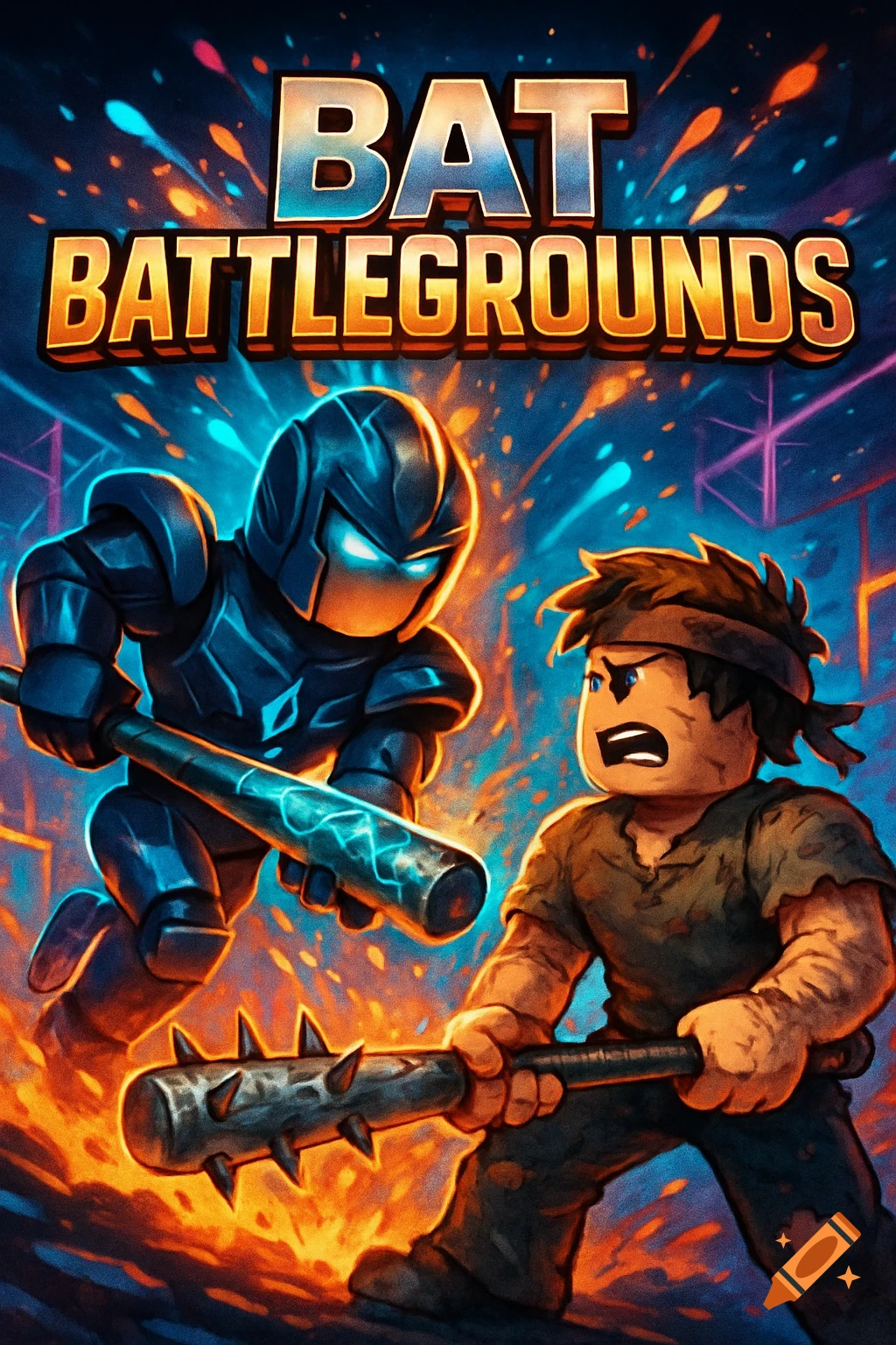 A Roblox-style game icon showing a dark armored character and a human-like character fighting with bats under the title 'BAT BATTLEGROUNDS'.