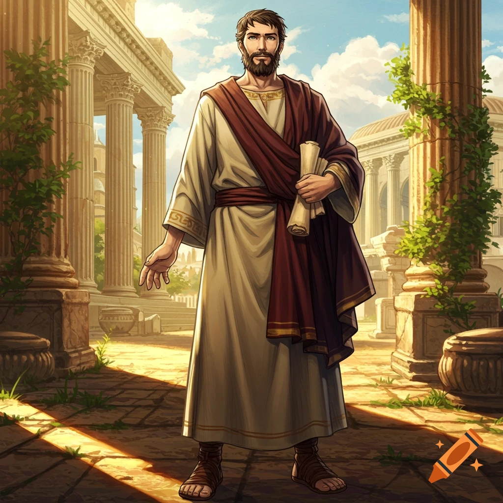 A bearded man in ancient Roman attire holds a scroll, standing among classical ruins in an anime art style.