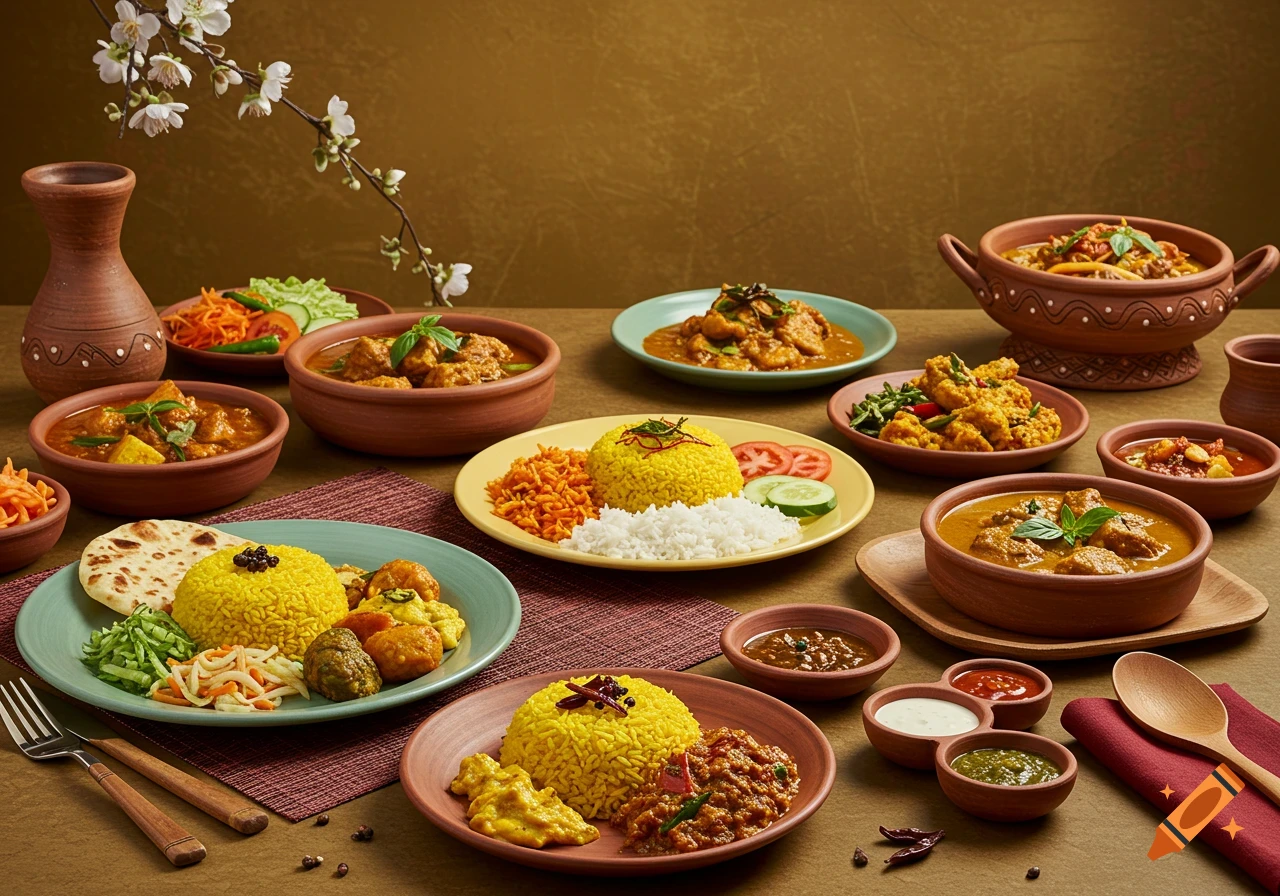 A variety of Indian dishes including yellow rice, white rice, curries, and naan bread served in clay pots and plates on a rustic table with floral decorations.