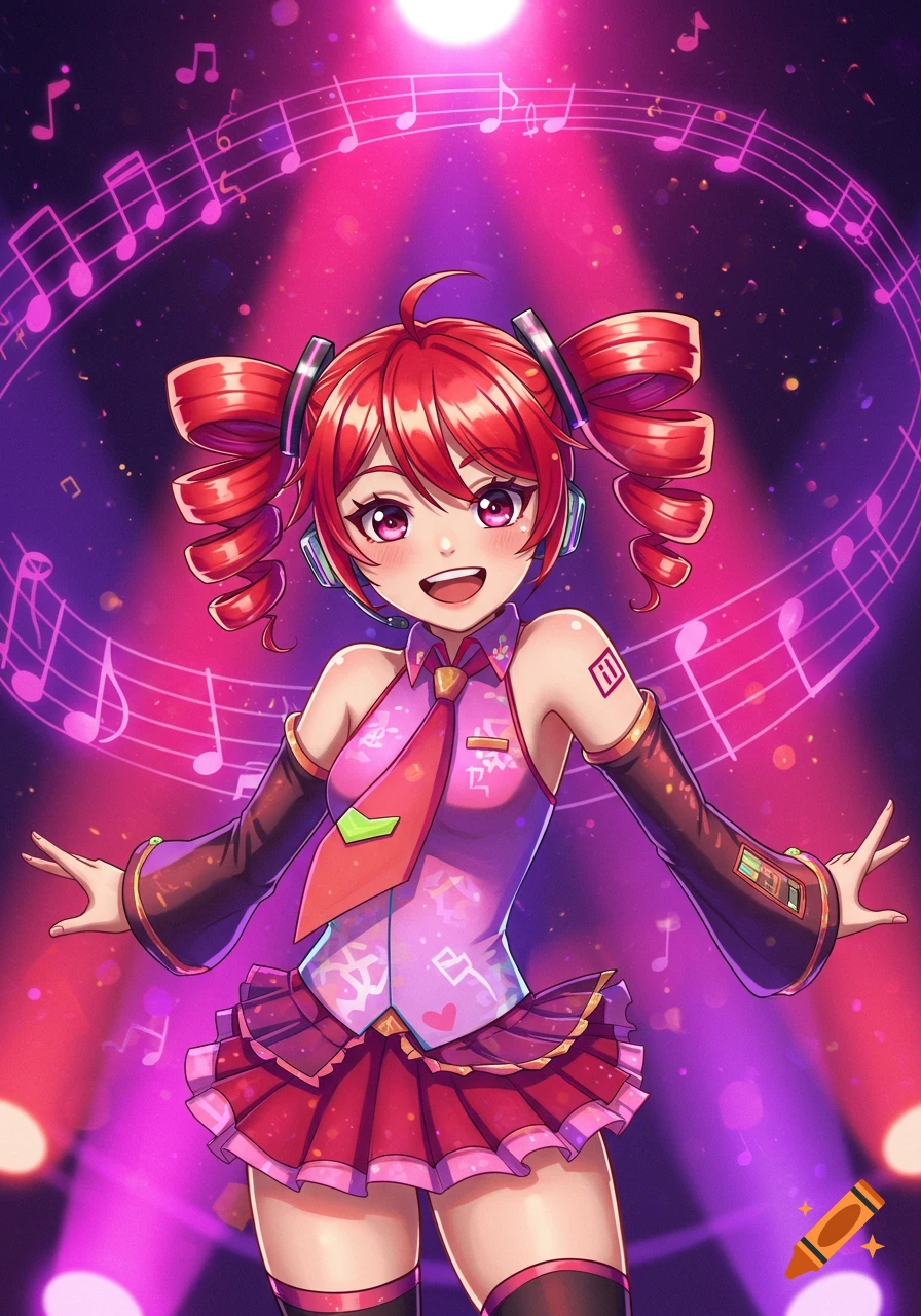 An anime-style character with bright red hair in large pigtails, pink eyes, headphones, and a purple and red idol outfit, stands singing on a stage with glowing pink spotlights and floating musical notes.