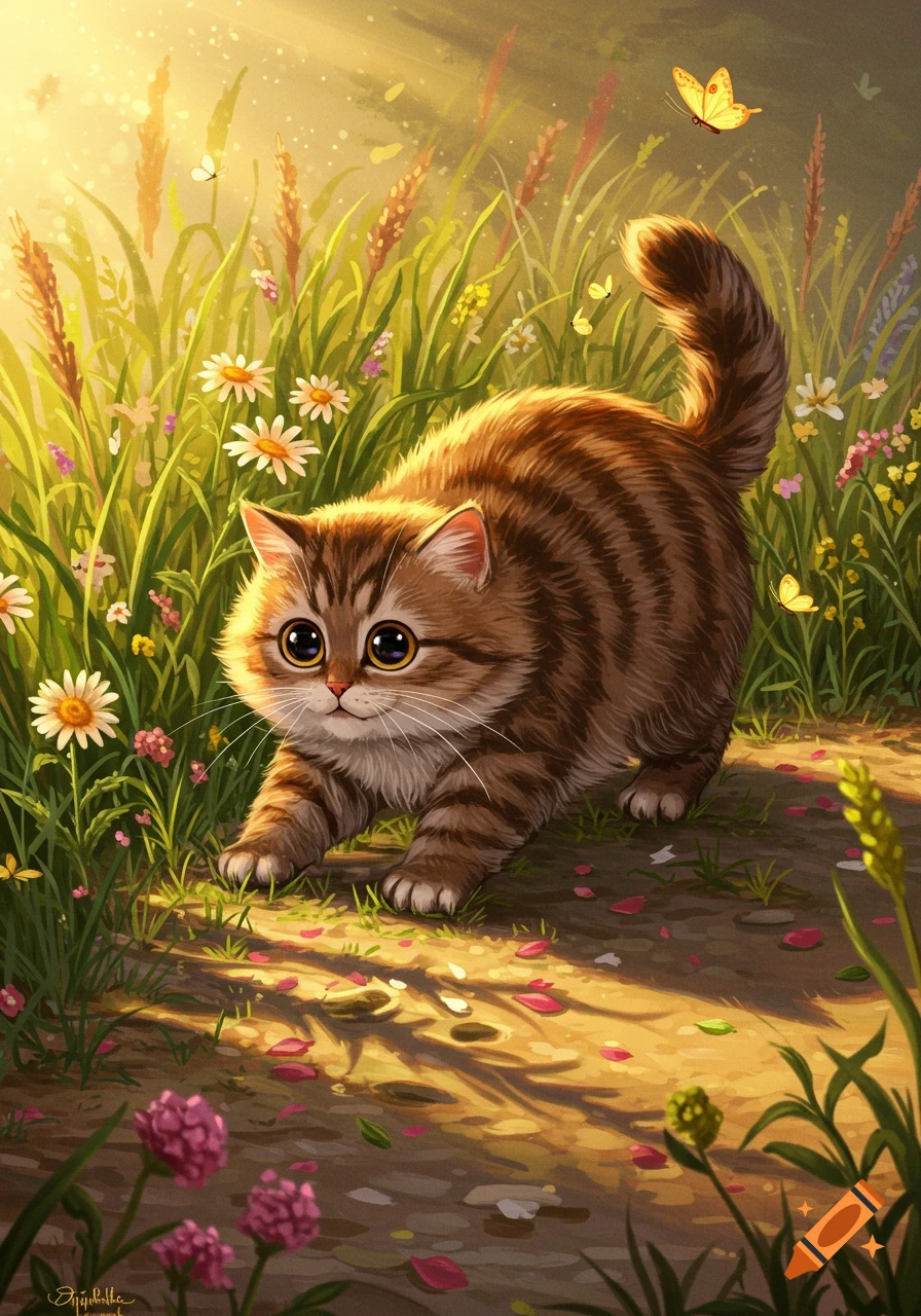 A fluffy, striped kitten with large dark eyes crouches in a sunlit field filled with daisies, tall grass, and butterflies in an illustrated style.