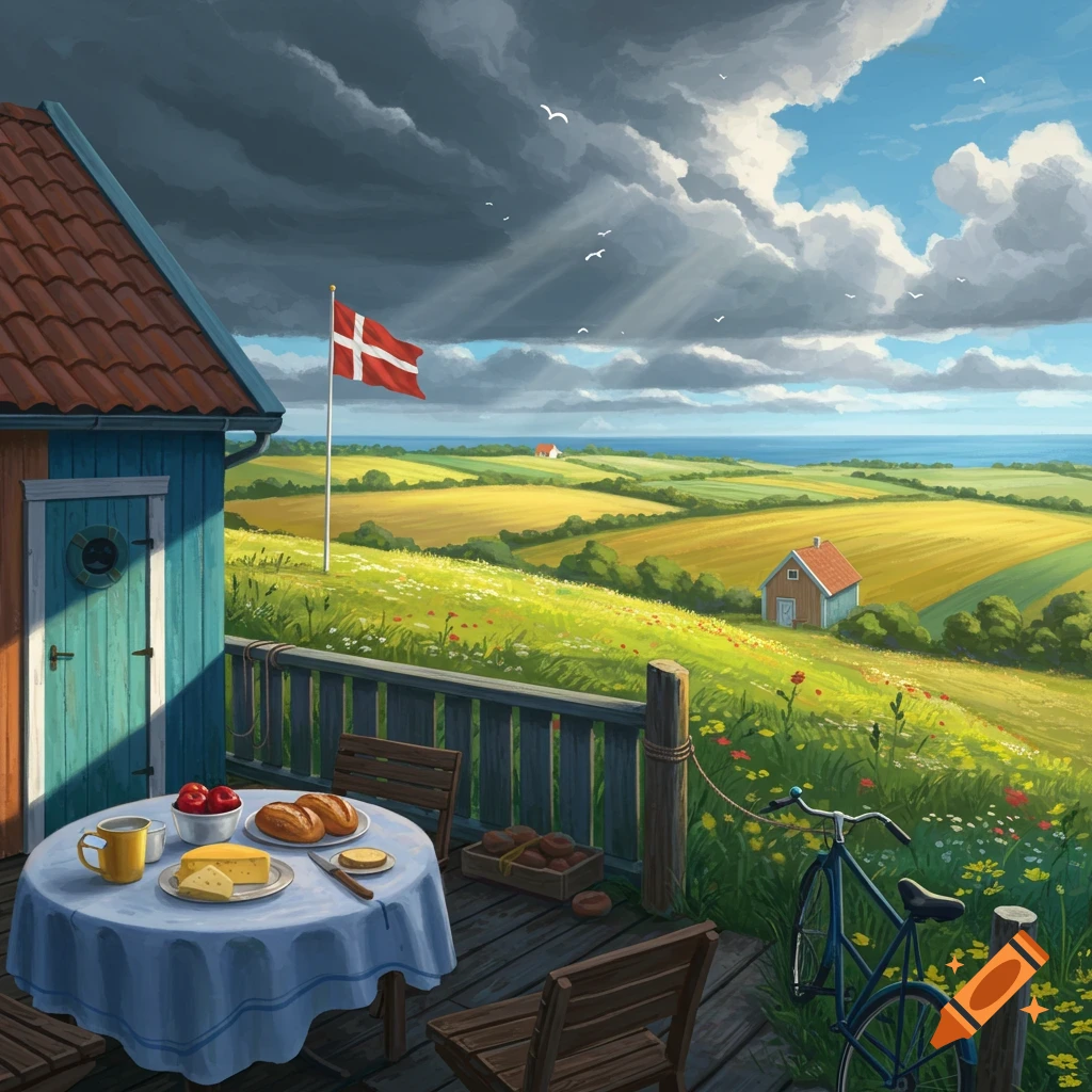 Illustrative painting of a Danish countryside view from a porch with a table of food, a bicycle, and a Danish flag overlooking fields and the sea.