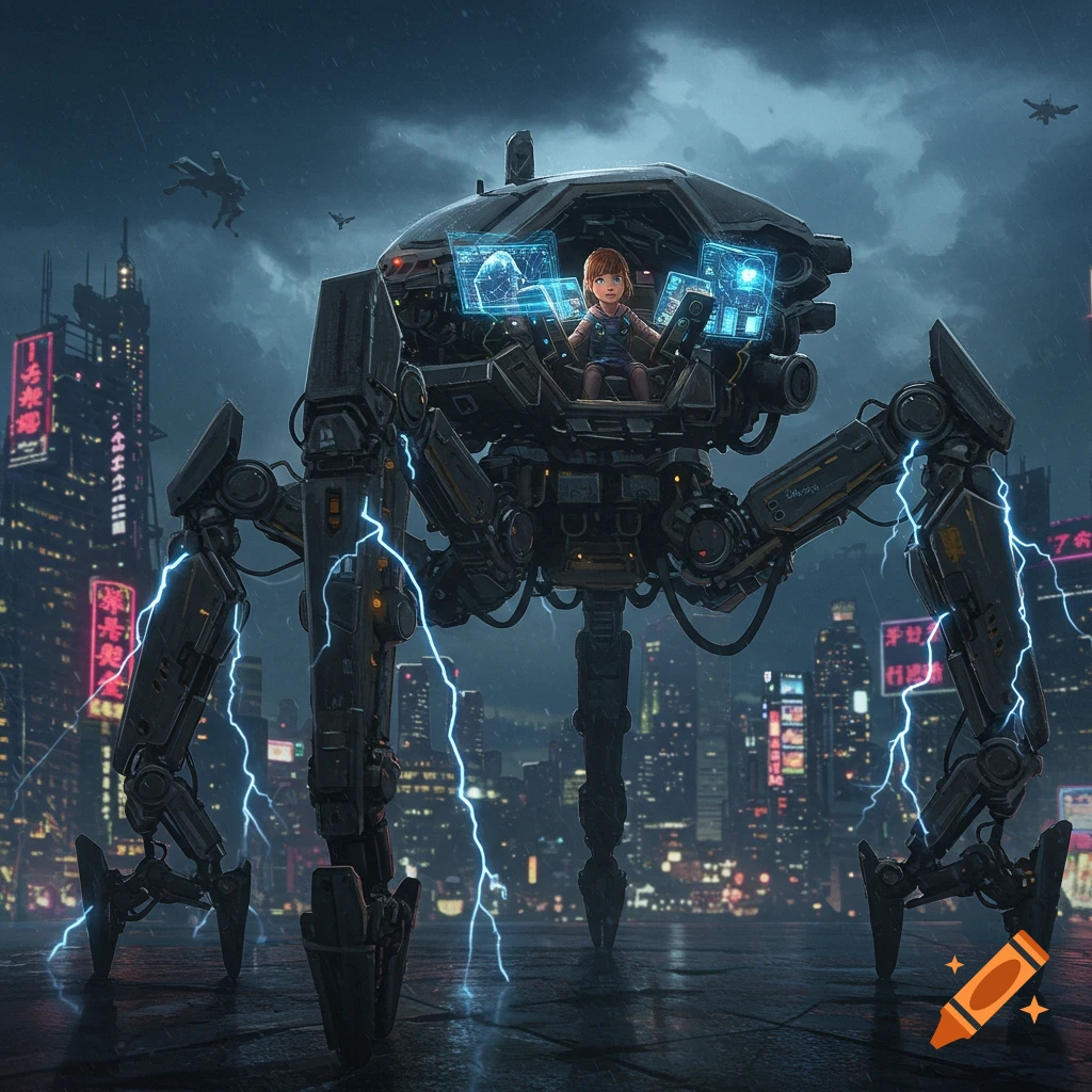 A young girl pilots a large, glowing spider-like mech with electric arcs, on a rooftop overlooking a rainy cyberpunk city at night.