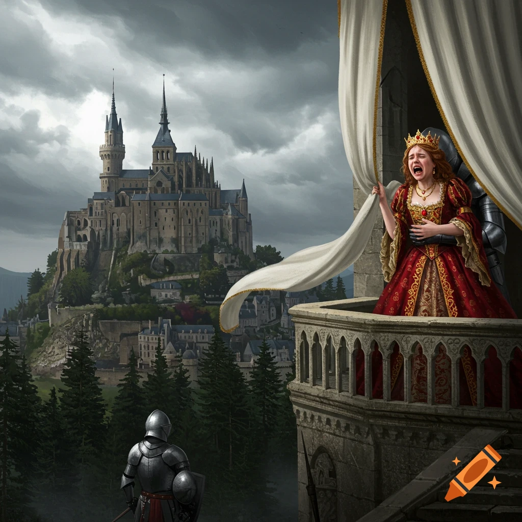 A crying queen in a red gown is held by a knight on a balcony overlooking a gothic castle and a lone knight below on a gloomy day.
