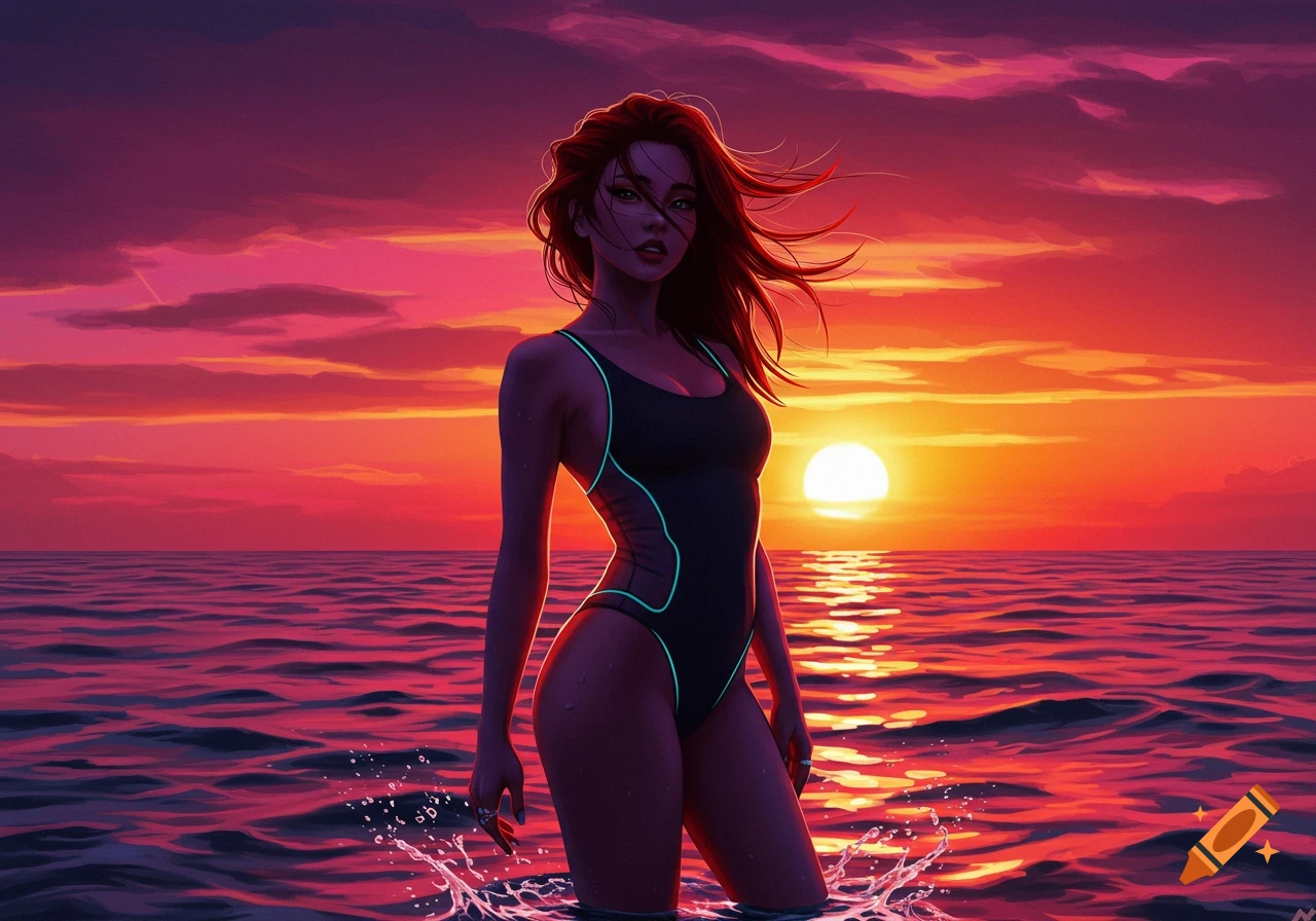 A stylized woman in a dark swimsuit with neon lines stands in the ocean at sunset.