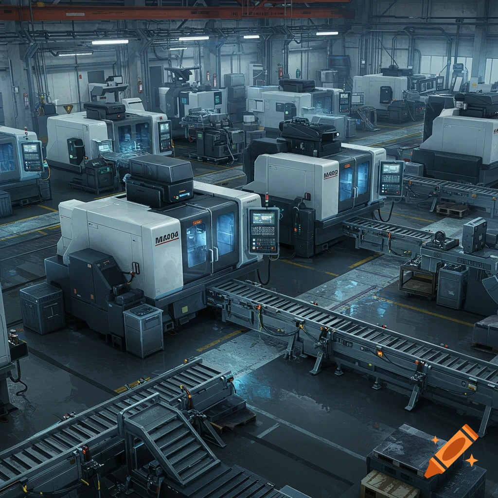 A photorealistic high-angle view of a modern industrial factory floor with numerous CNC machining centers and conveyor belts.