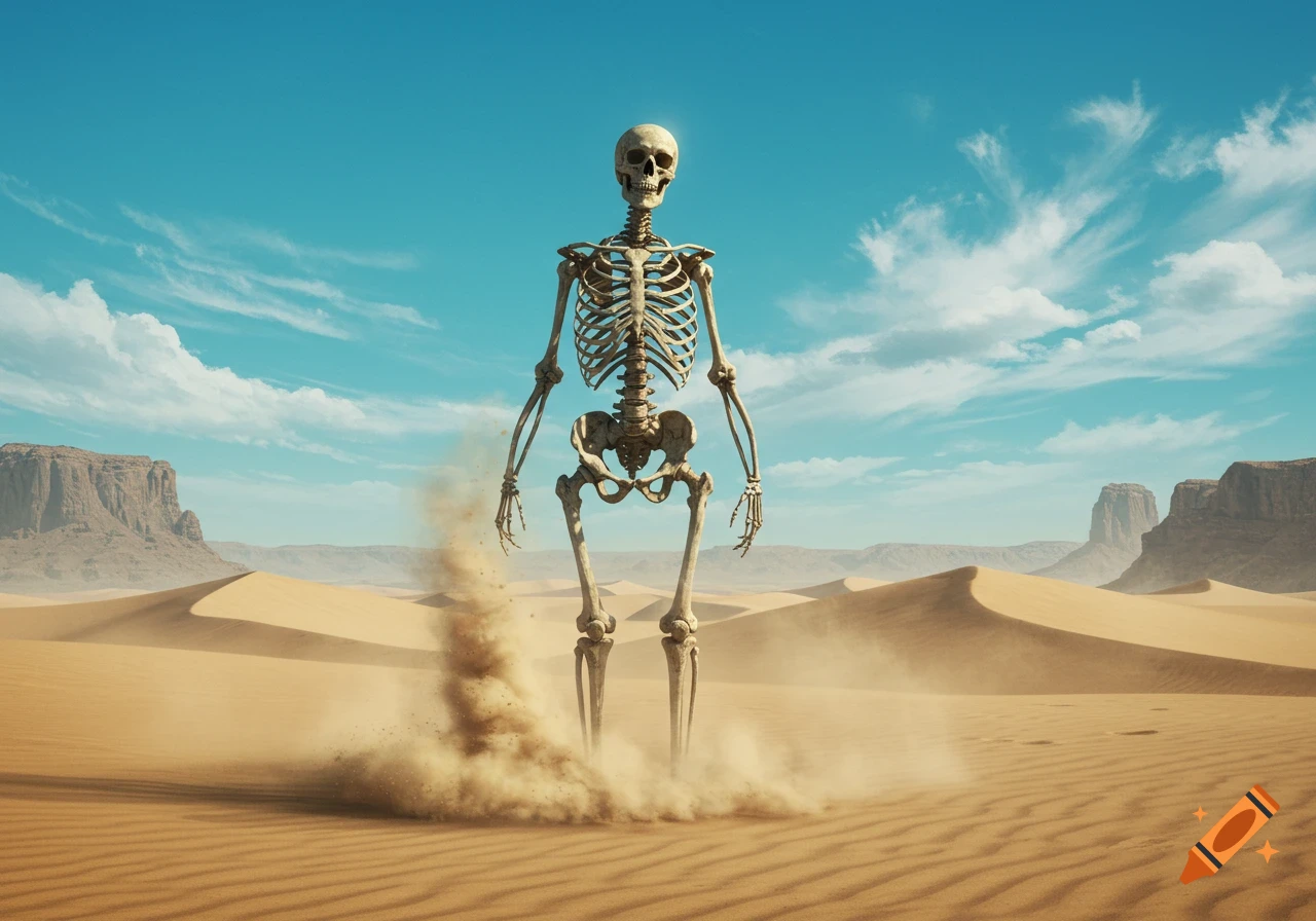 A photorealistic human skeleton stands amidst swirling sand in a vast desert with dunes and rocky mountains under a blue sky.