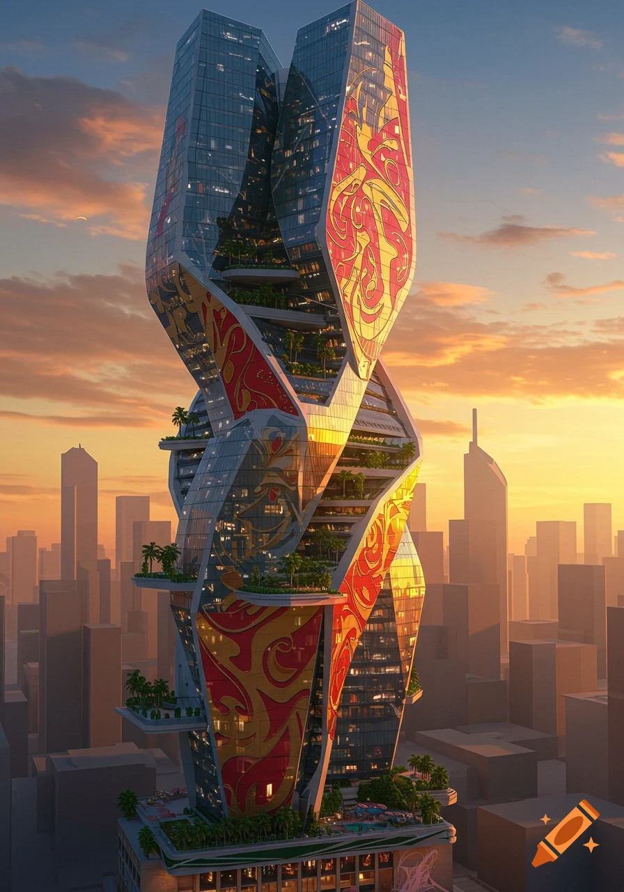 Postmodern twisted skyscraper with red and yellow ornamentation, glass facades, and balconies with greenery, against a sunset city skyline.