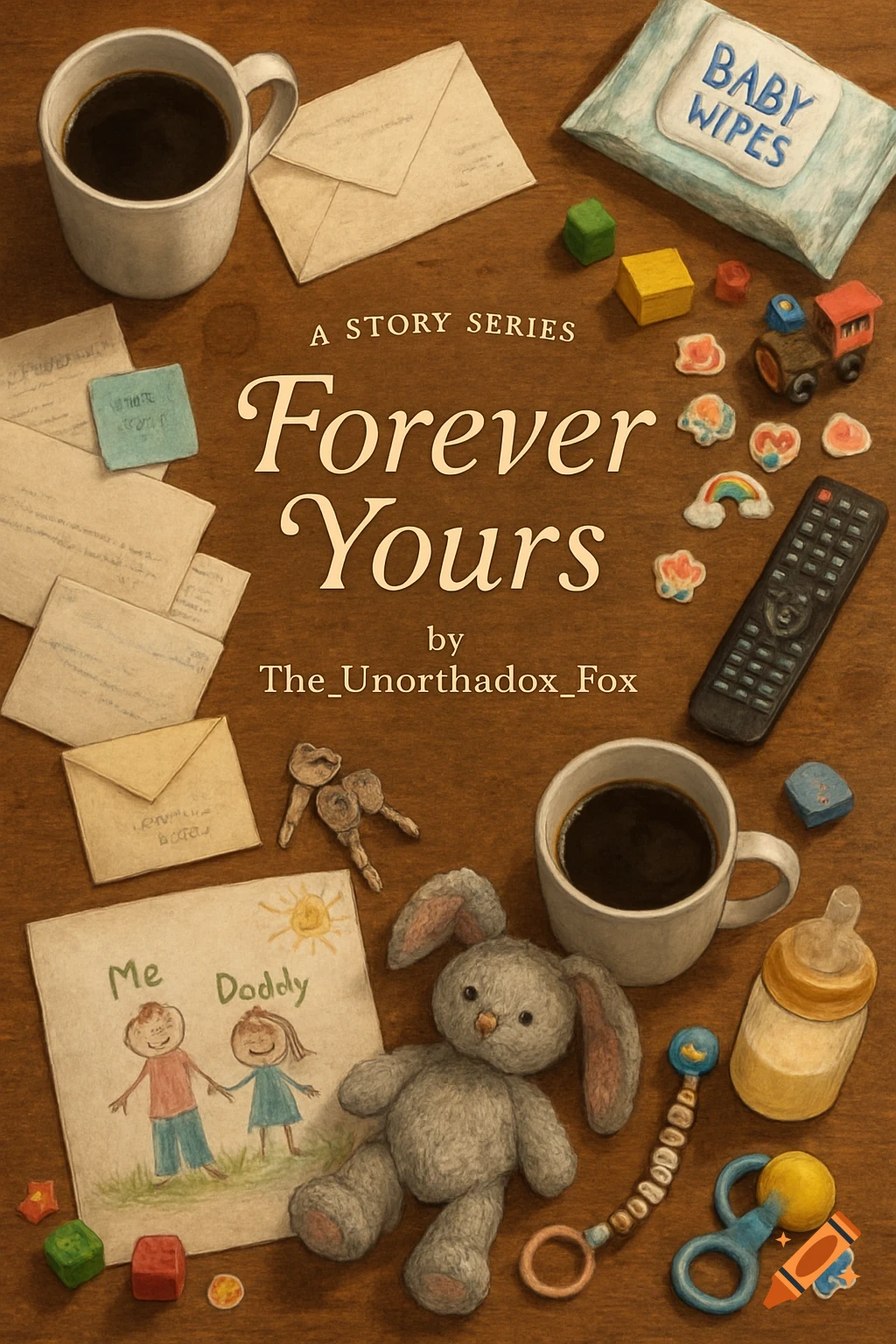 A stylized top-down illustration of a wooden coffee table cluttered with items including a story series title "Forever Yours", coffee mugs, letters, baby wipes, a baby bottle, a pacifier, toys, a remote, keys, and a child's drawing of "Me" and "Daddy" next to a grey toy bunny.