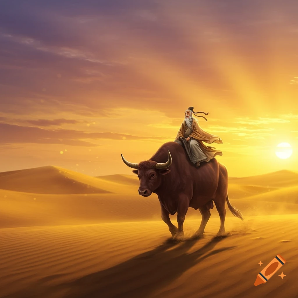 An old man with a long beard rides a brown ox across a desert landscape at sunset.