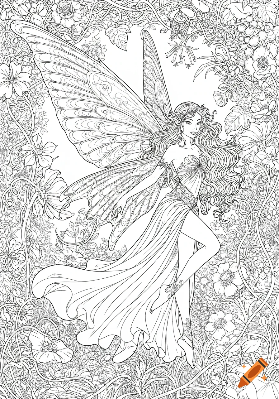 Black and white line art of an ethereal fairy with large, detailed wings, long flowing hair, and a patterned dress, amidst a lush botanical scene.