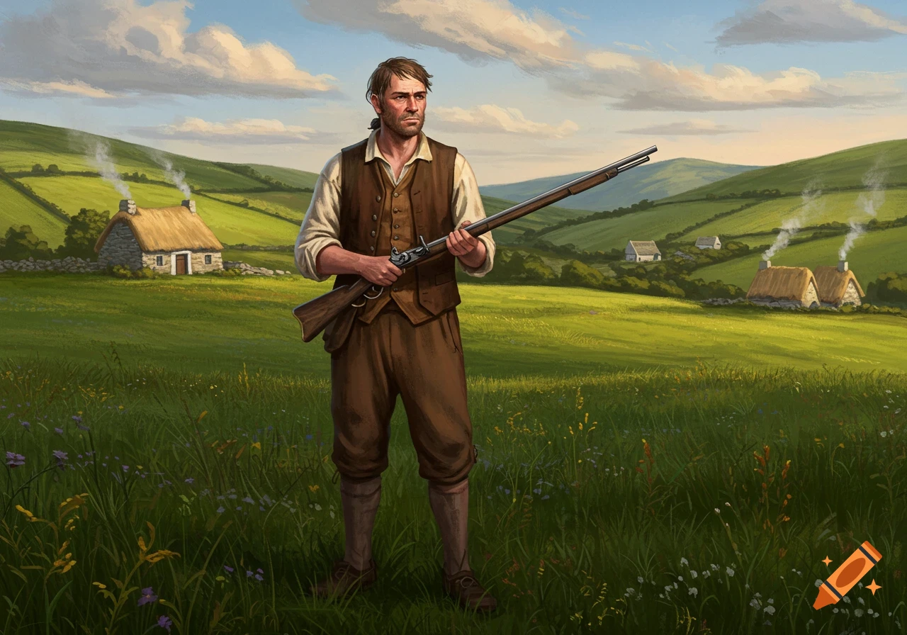 A painted illustration of an 18th-century Irish farmer holding a musket in a green field with thatched cottages.