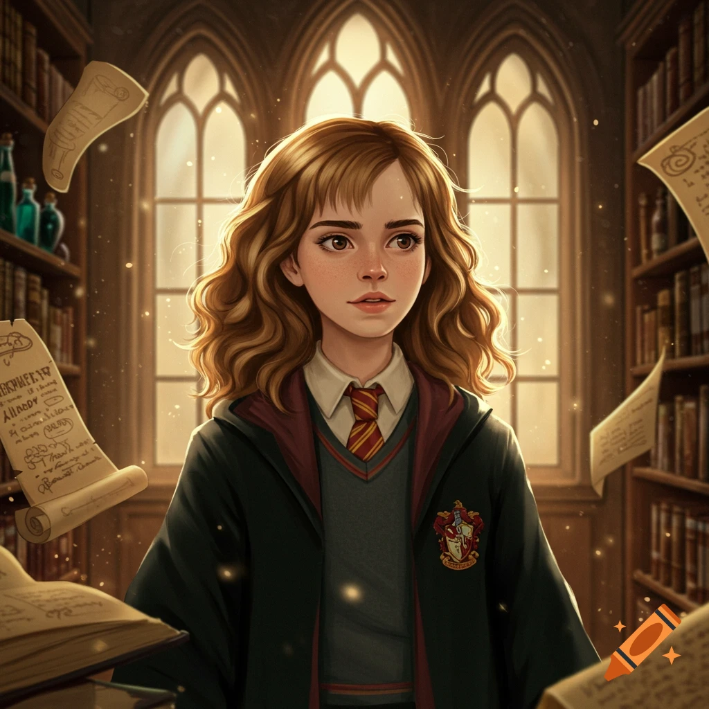Stylized illustration of Hermione Granger in a Hogwarts uniform, standing in a library with floating scrolls.