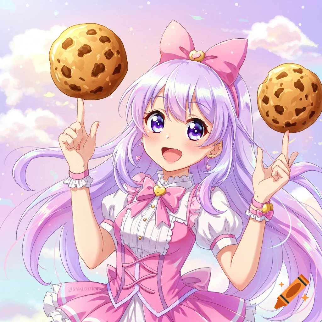 An anime girl with long lavender hair and a pink dress balances large chocolate chip cookies on her fingertips against a pastel sky background.